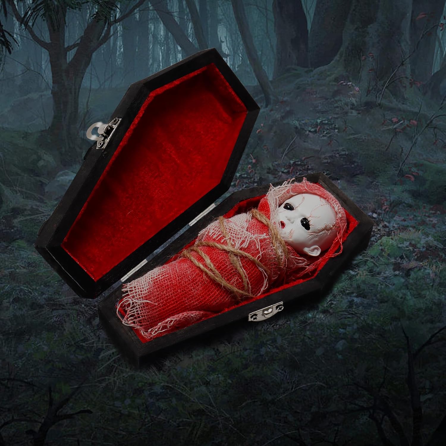 Decoración de Halloween esencial ataúd de madera pintada en negro, mini caja de ataúd de vampiro, muñeca fantasma, kit de bricolaje para crear tu