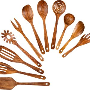 GUDAMAYE Cucharas de madera para cocinar, juego de utensilios de cocina de madera, utensilios de cocina de madera, cucharas de madera de teca GUDAMAYE Cucharas de madera para cocinar, juego de utensilios de cocina de madera, utensilios de cocina de madera, cucharas de madera de teca