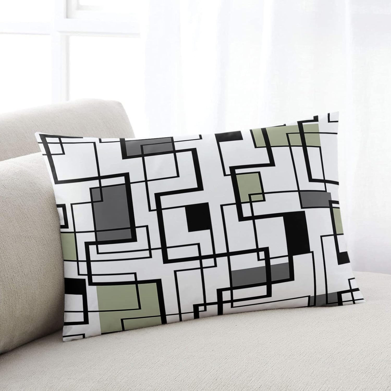 Sage Green Geometric Pillow Covers, Linen Long Throw Pillow Case, Black Gray Modern Abstract Art Holiday Pillow Protector Decorative Cushion Cover