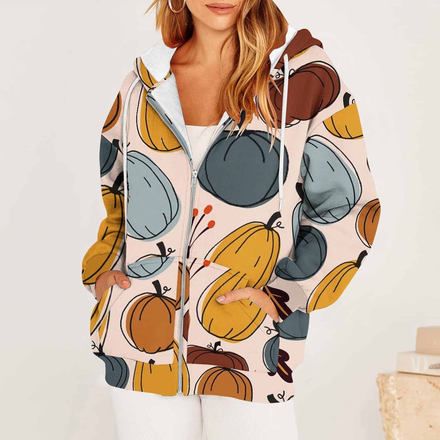 Chaqueta de Halloween con cremallera para mujer, con estampado de calabaza, linda sudadera de gran tamaño con cordón de ajuste de manga larga,