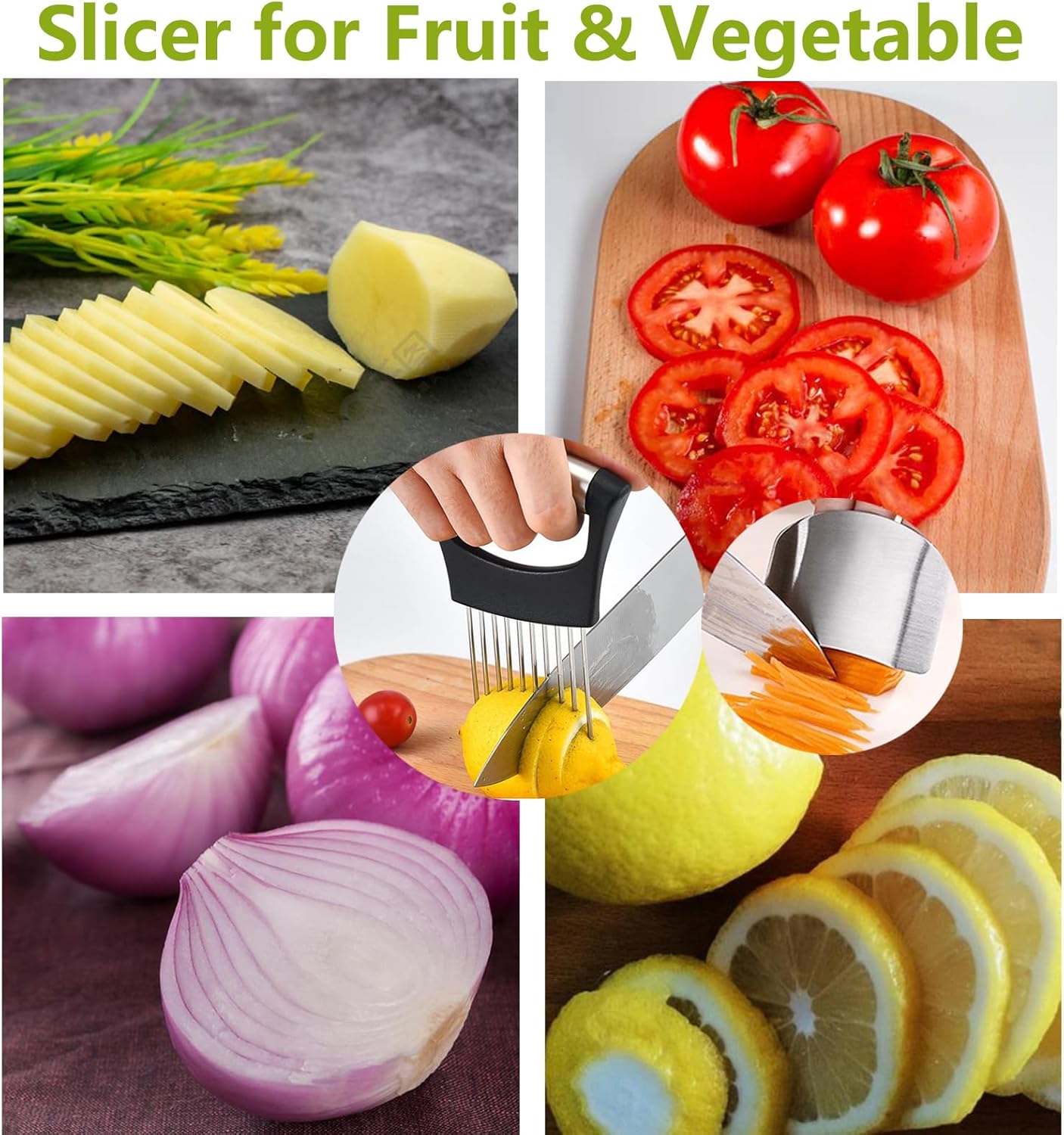 1 soporte de cebolla para rebanar, 1 protector de dedos para cortar alimentos, soporte de acero inoxidable para cortar cebolla, tenedor de cebolla,