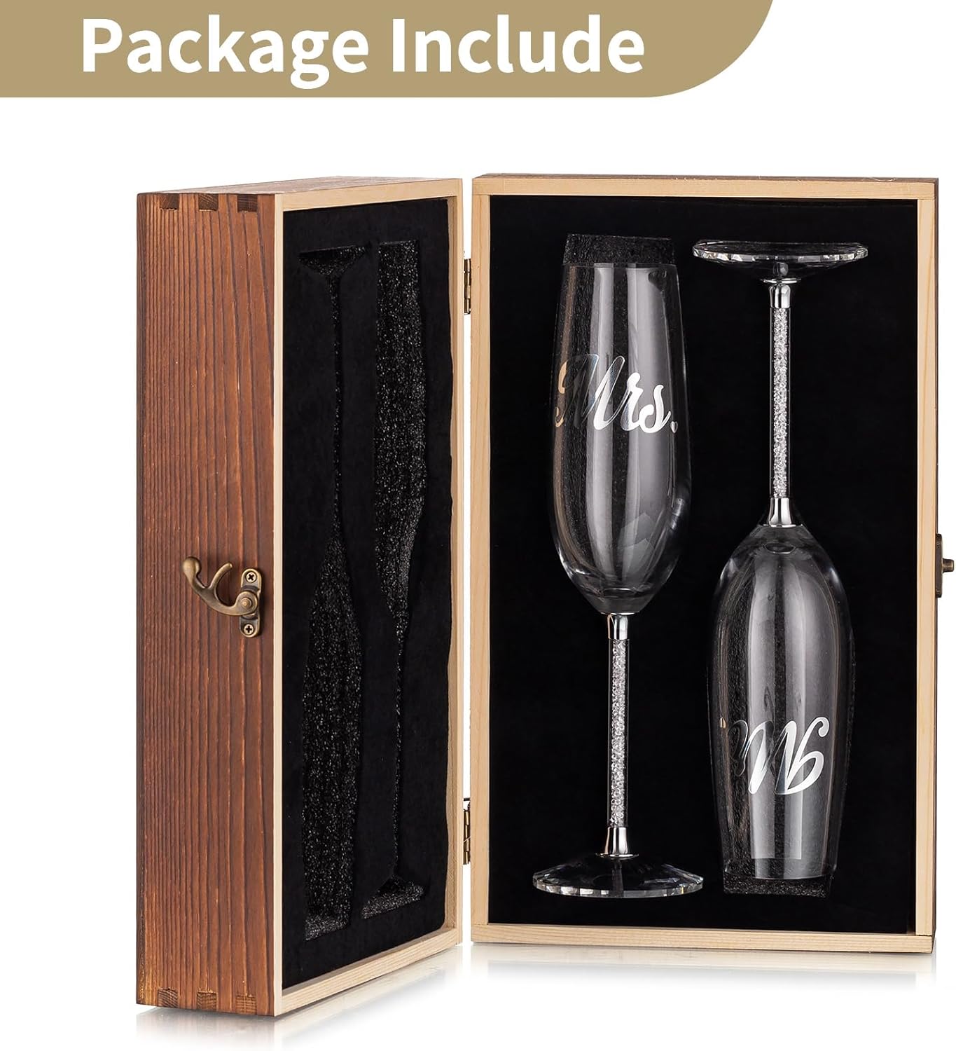 NUPTIO Copas de champán de cristal juego de 2 copas de champán de boda con caja de regalo de madera, flauta de brindis de Mr & Mrs para novia,