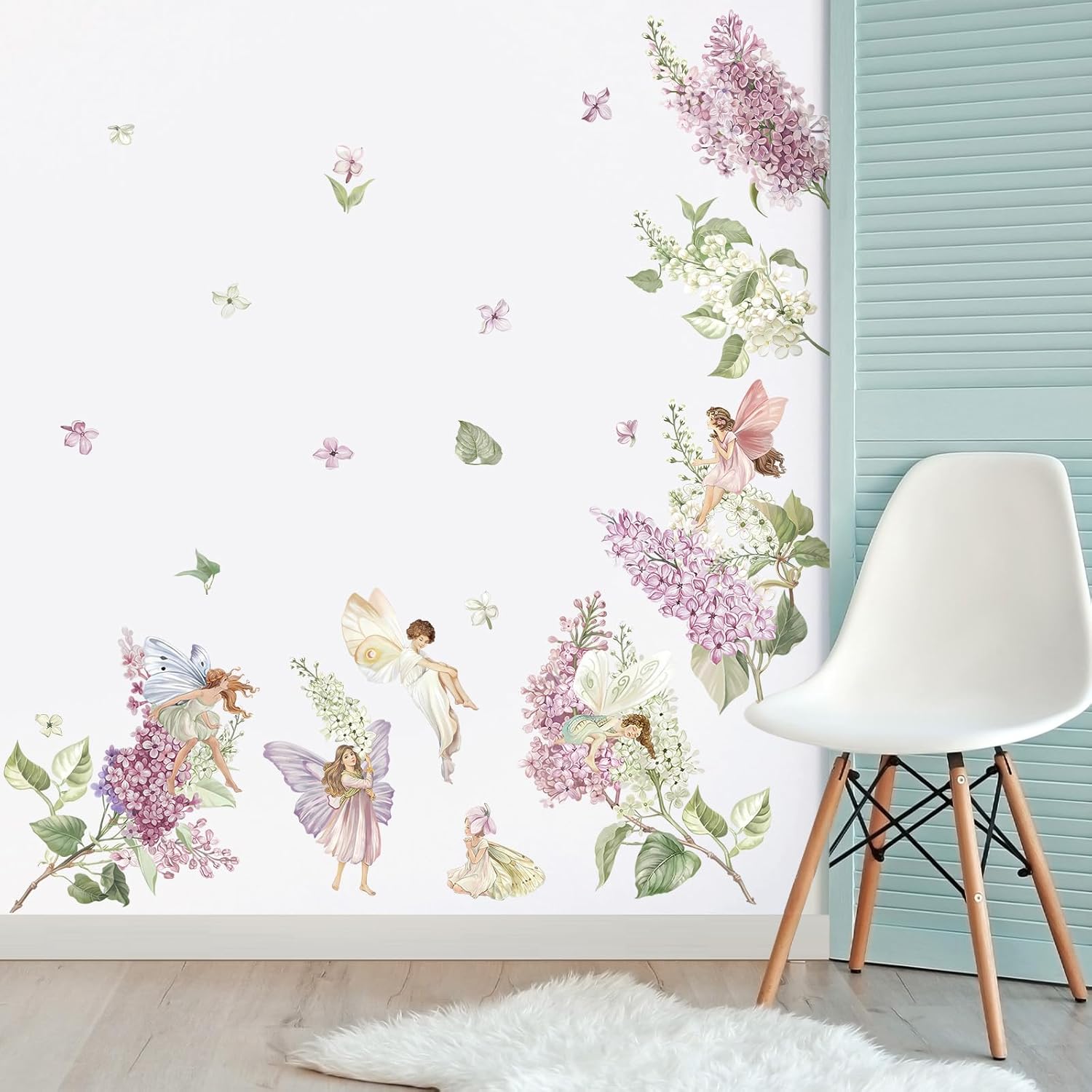 wondever Calcomanías de pared de flores lilas moradas y blancas, diseño de elfo floral de hadas, calcomanías de arte de pared para dormitorio de