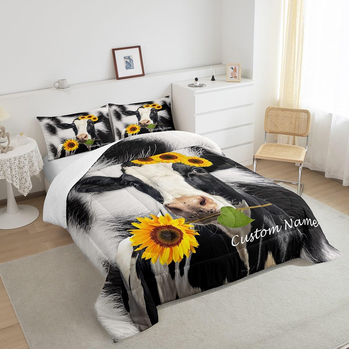 Erosebridal Juego de edredón personalizado de vaca de las tierras altas, juego de ropa de cama con estampado de vaca negra y blanca para niños,