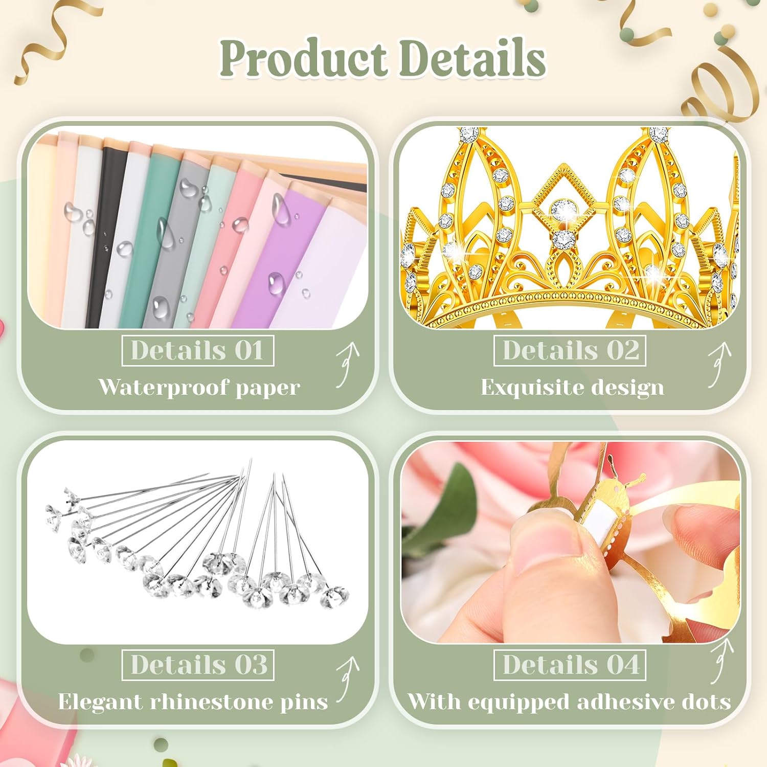 FairySandy 12 hojas de papel de regalo para ramo de flores, impermeable, con 100 pines, 4 coronas para tartas, 24 mariposas doradas para regalos de