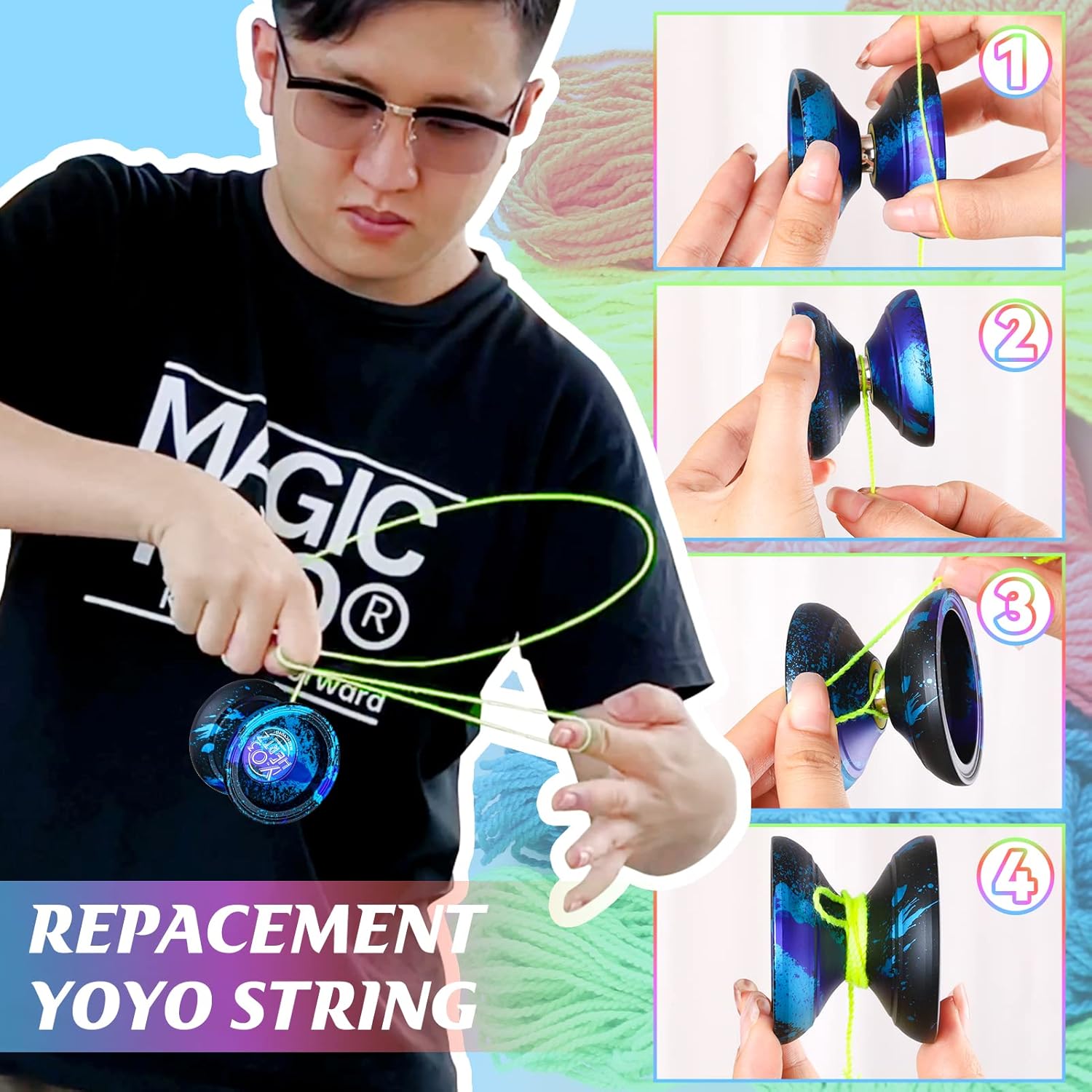 Paquete de 50 cuerdas profesionales de Yoyo, suaves 100% poliéster, para yoyos sensibles y que no responden, color azul, verde, rosa, amarillo,