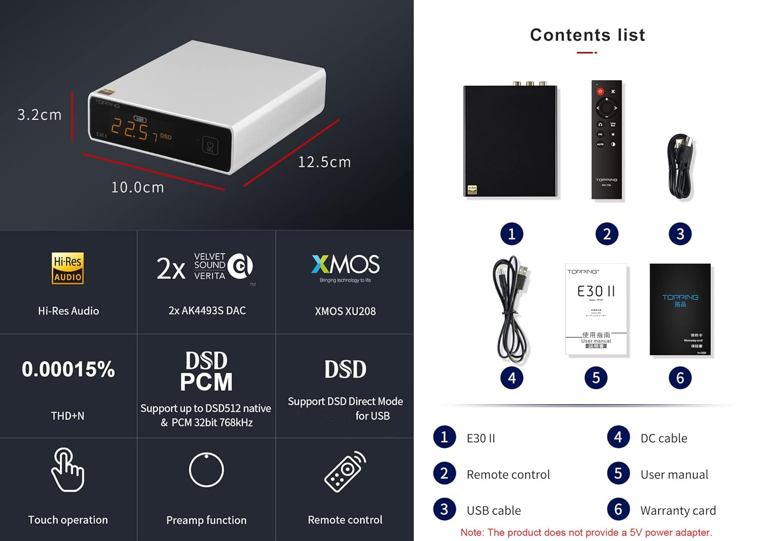 Topping E30 II DAC Preamplificador de audio Decodificador de audio – 2xAK4493S Hi-Res XMOS XU208 DAC 32Bit768kHz DSD512 DSD Modo directo para
