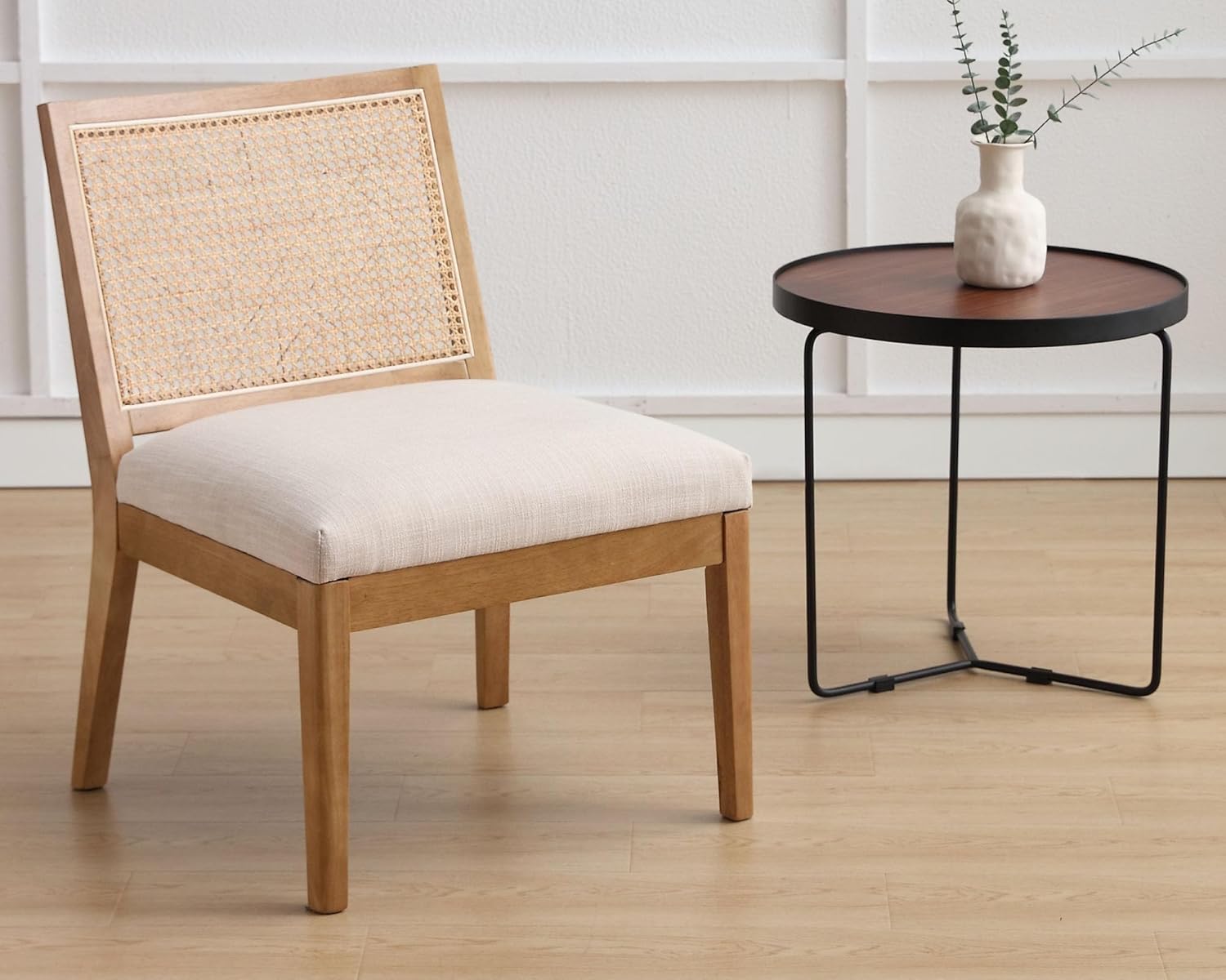 VESCASA Silla decorativa tapizada con respaldo cuadrado de ratán, silla sin brazos con asiento acolchado para sala de estar, lino beige con patas de