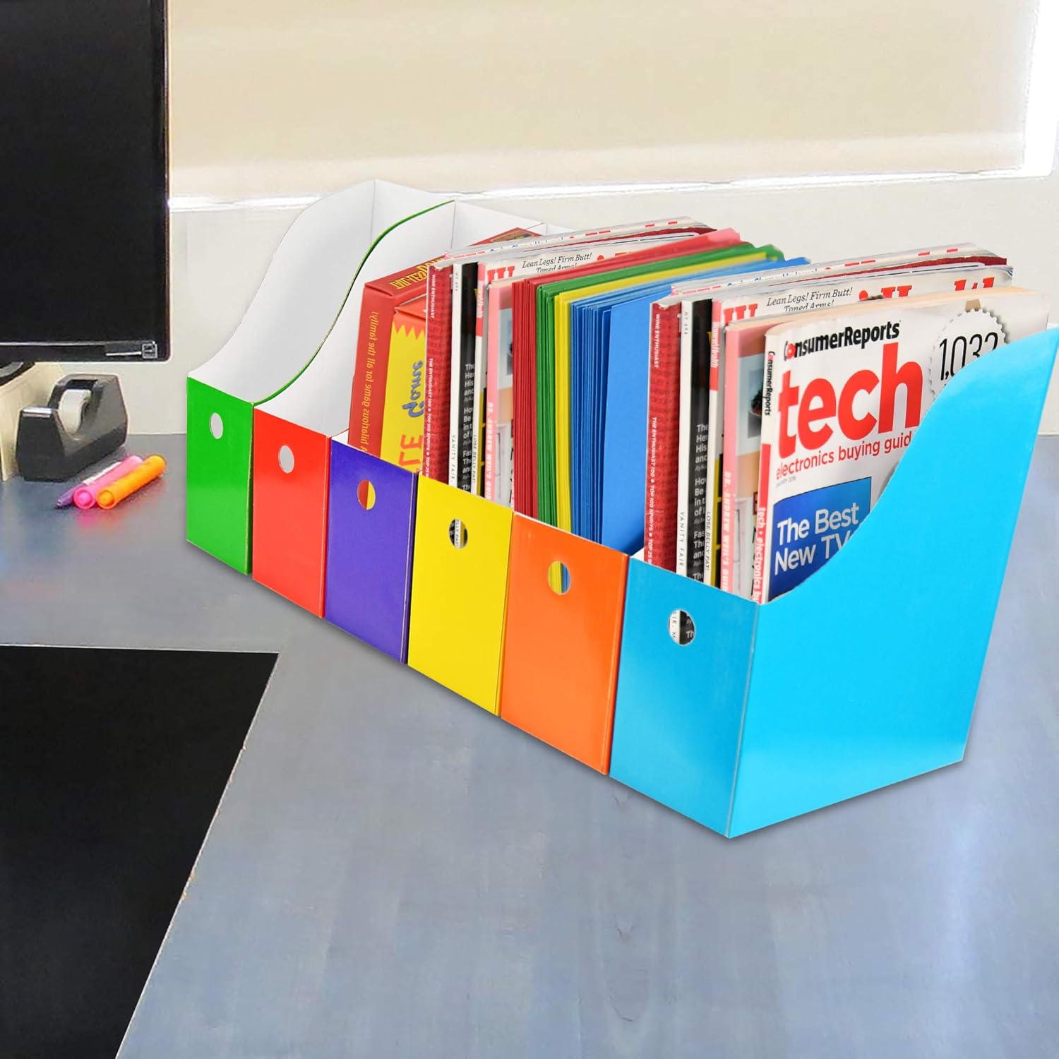 Home-X Juego de 6 soportes para archivadores de revistas, almacenamiento de escritorio, documentos, carpetas, libros y revistas organizador para