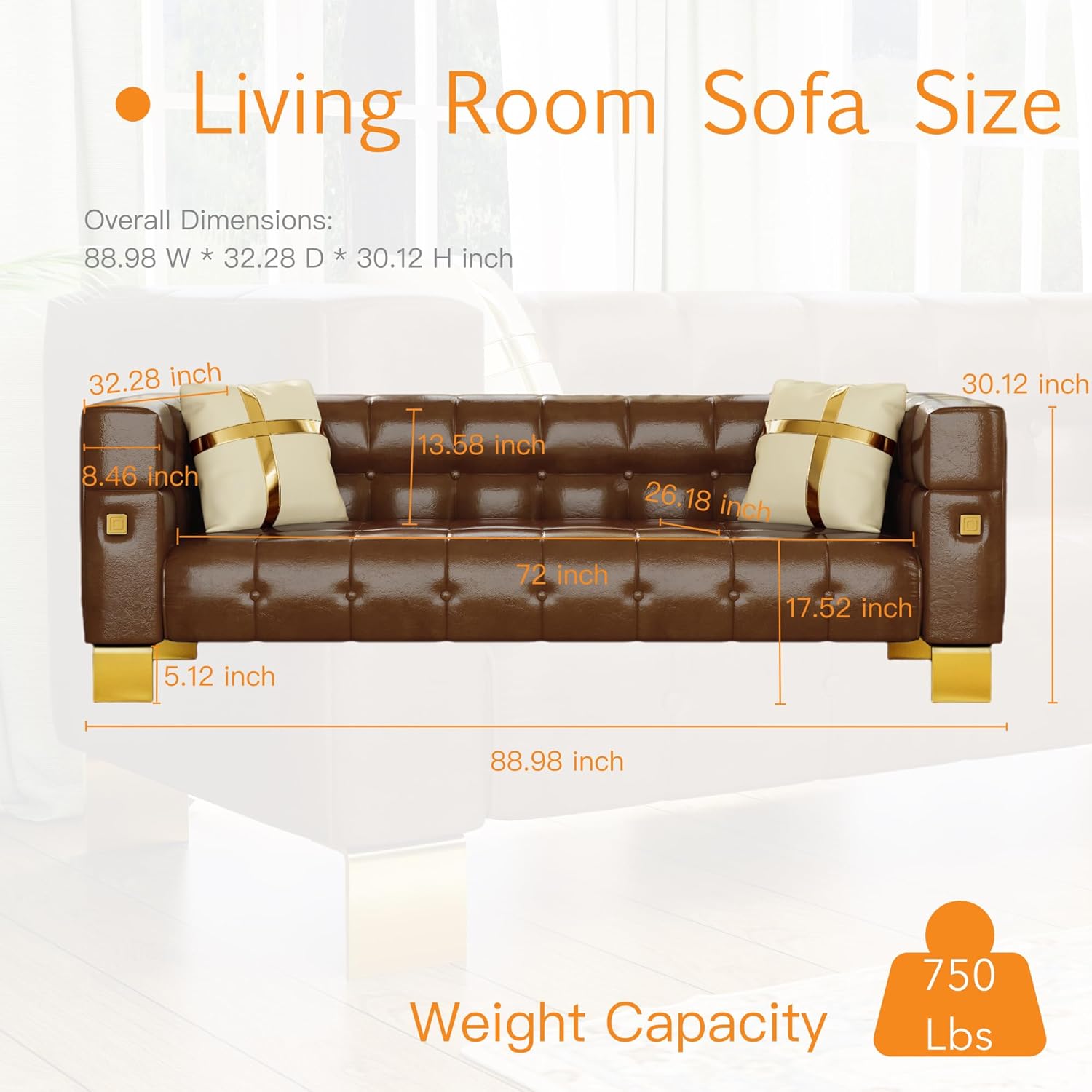 Sofá moderno de piel sintética con patas de metal dorado, sofá Chesterfield de poliuretano impermeable de 88.98 pulgadas, sofás copetudos de lujo