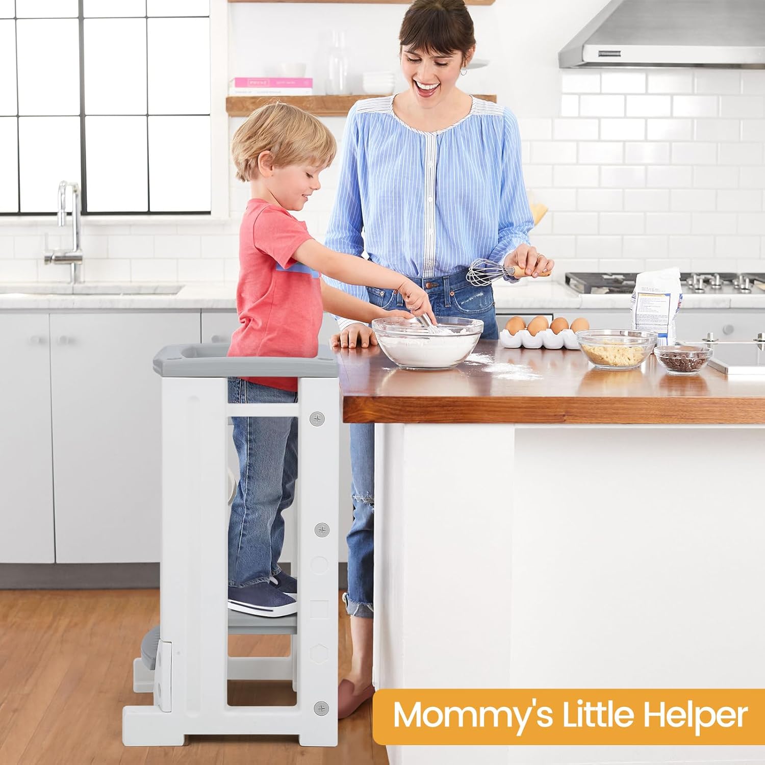 Taburete de cocina para niños con pizarra blanca, torre para niños pequeños con 4 alturas ajustables y riel de seguridad, taburete de aprendizaje
