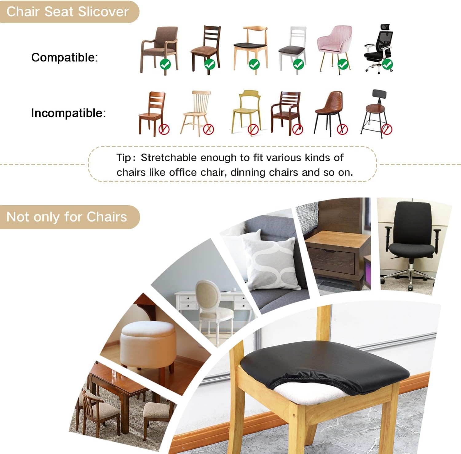 Fundas de asiento elásticas de cuero con lazos elásticos, impermeables, de piel sintética, extraíbles y lavables, para el hogar, la cocina (negro, 2