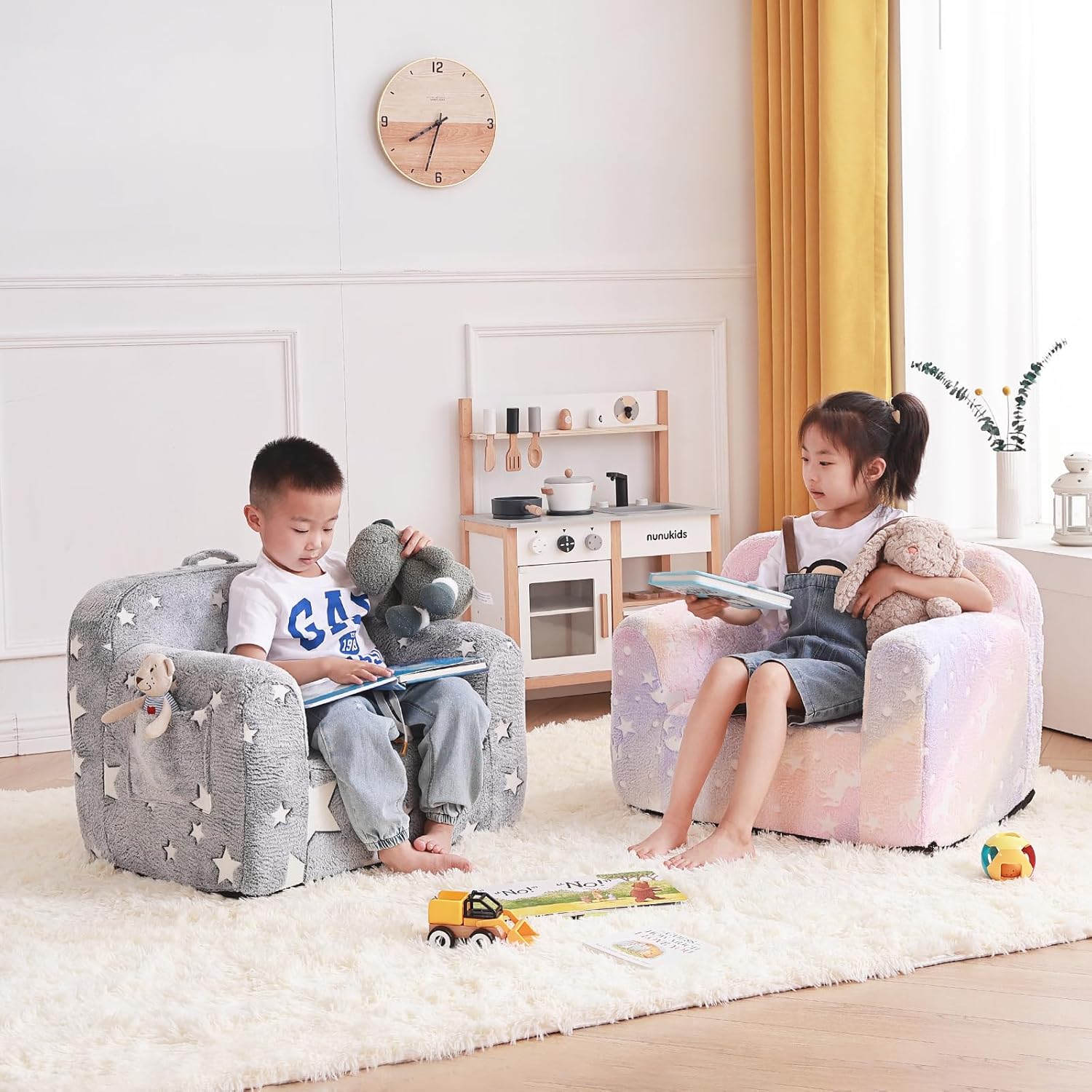 Tiita Sofá para niños, sofá Chirldren con asa de transporte y bolsillos laterales, silla de espuma para niños, silla con reposabrazos para niños,