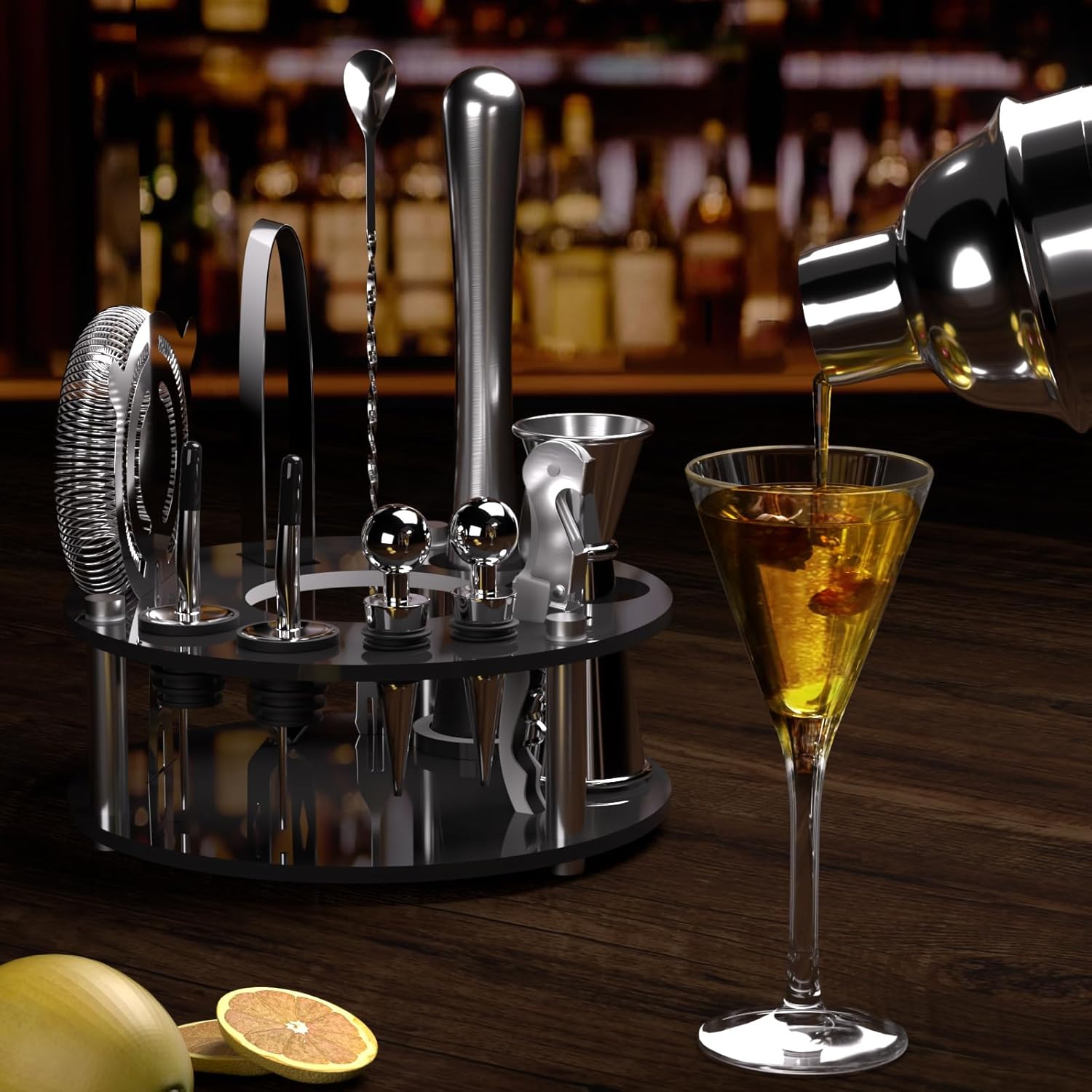 SamuelWorld Juego de coctelera con soporte 14 piezas de acero inoxidable, accesorios perfectos para barman para el hogar y el barman profesional,