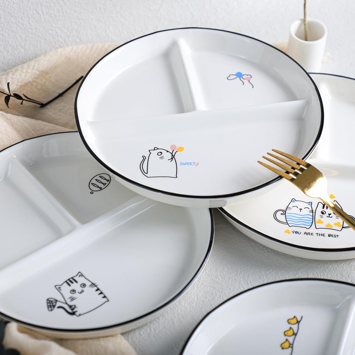 SOCOSY Plato de cerámica de control de porciones de 3 compartimentos, platos divididos, plato de postre dividido, plato de ensalada, plato de cena,