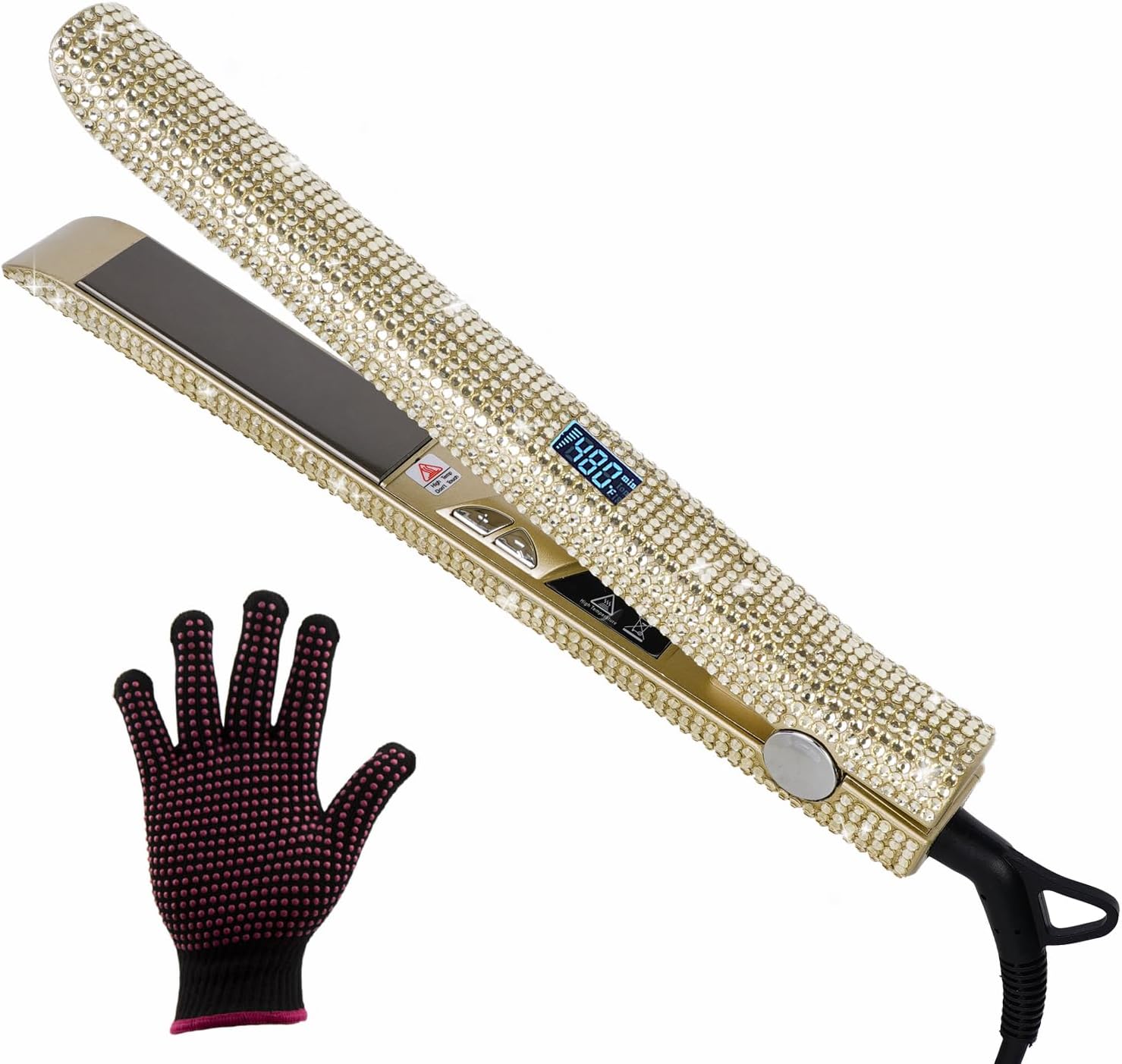 Plancha de pelo con diamantes de imitación, plancha de pelo profesional de diamante con alta temperatura de 480 F, planchas planas de nano-titanio,
