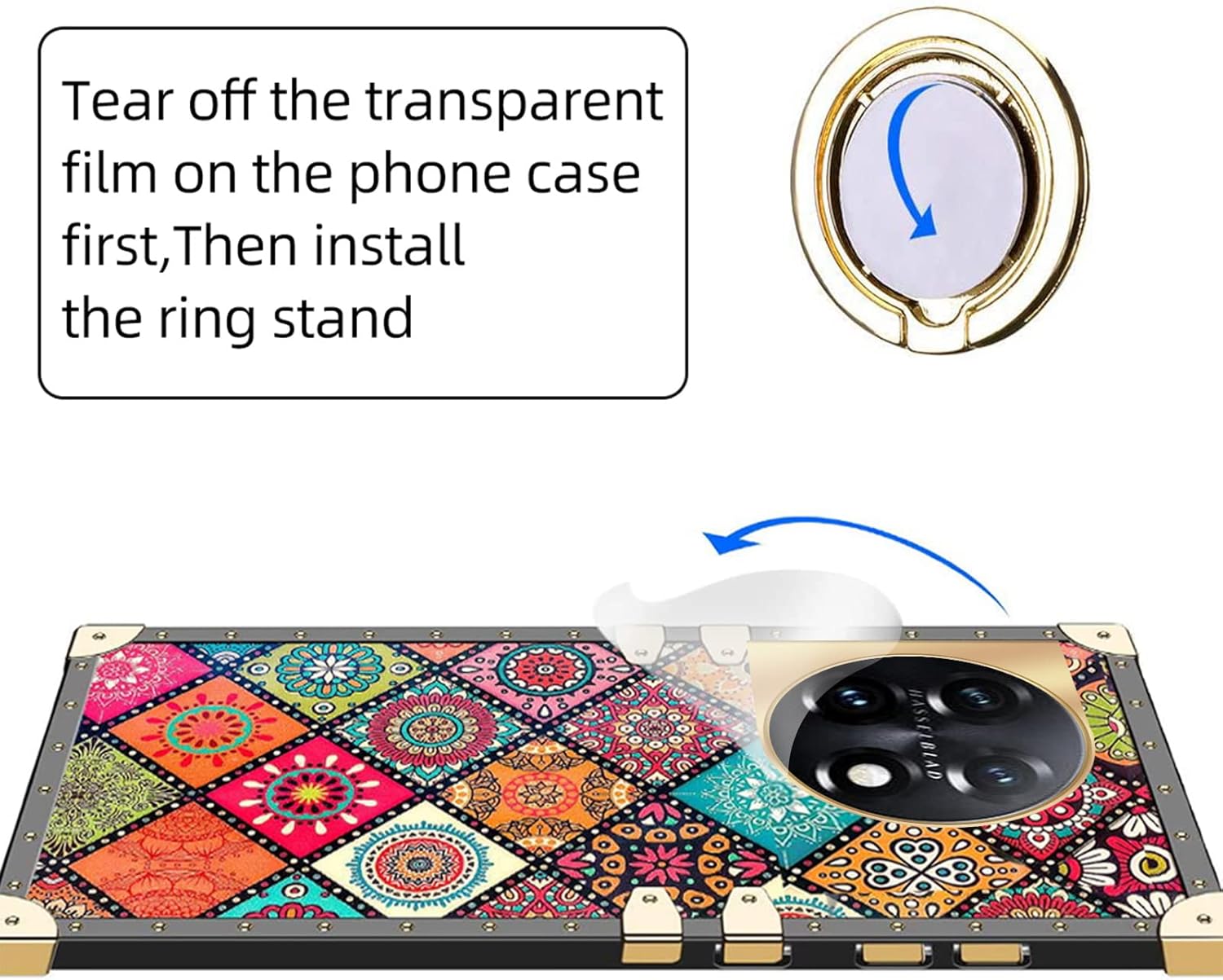 nancheng Funda cuadrada para Oneplus 11 (6.7 pulgadas) con soporte de anillo, diseño retro de flores de mandala para niñas y mujeres, esquinas