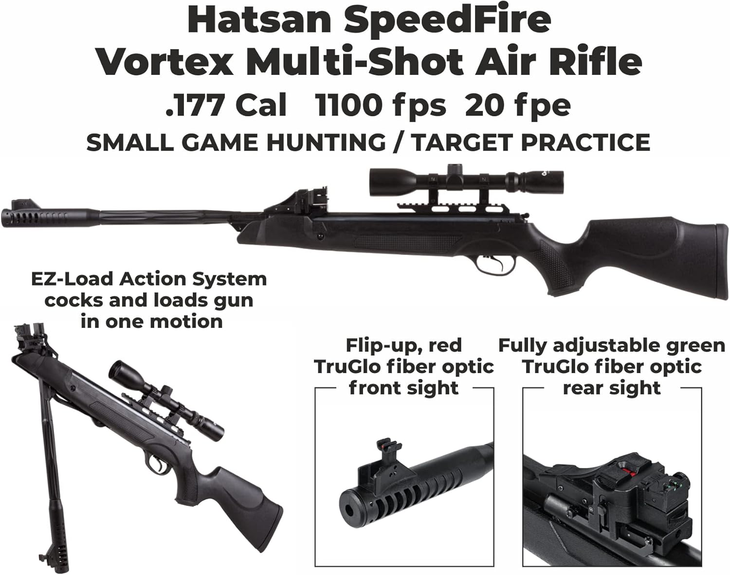 Hatsan SpeedFire (Magnum 1250) – Rifle de aire, color negro con paquete de objetivos de papel Wearable4U y pellets incluidos