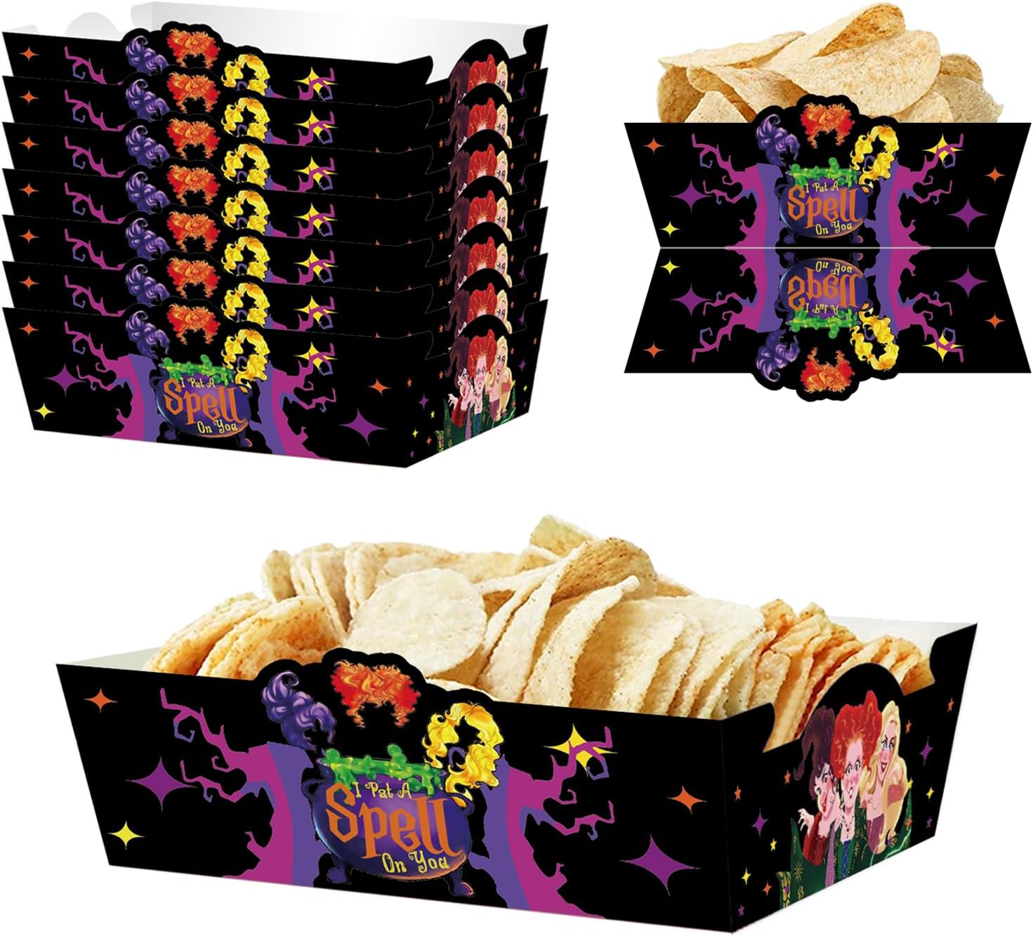 Paquete de 50 suministros de fiesta de Halloween Hocus Pocus, bandeja de comida de Hocus Pocus, bandeja de papel para servir alimentos para fiesta