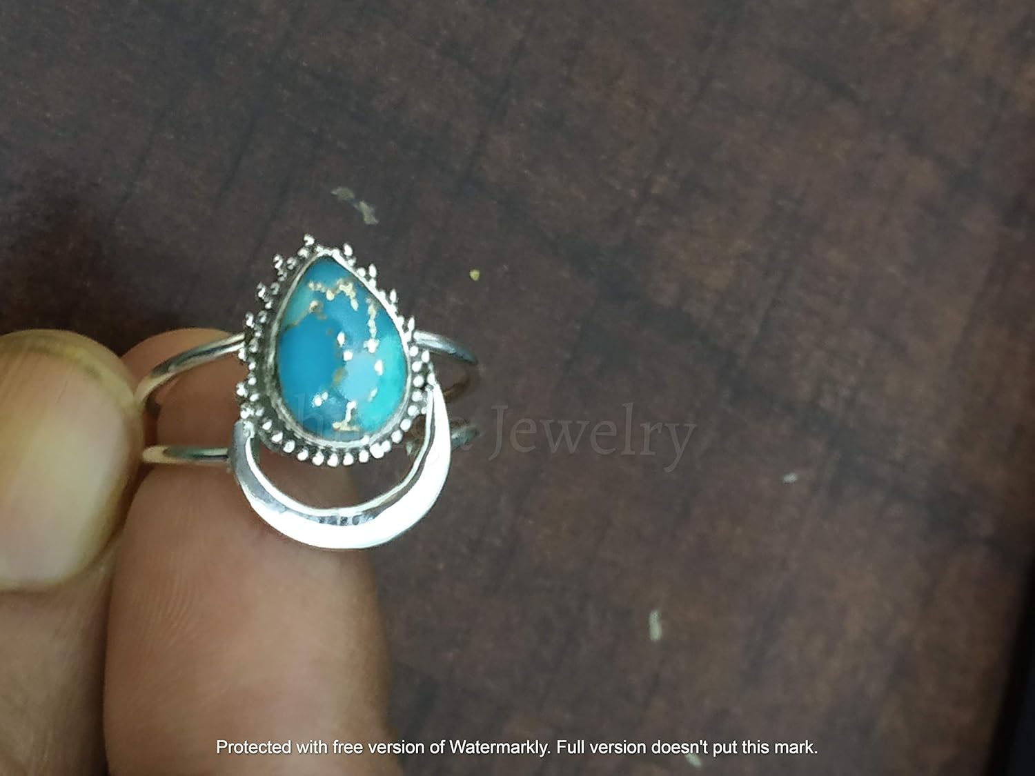 Blue Copper Turquoise ring, 925 sterling silver, Half Moon Shape Ring, Two band Ring, Boho Chic, Promise Wedding Jewelry, Classy Ring, Celestial
