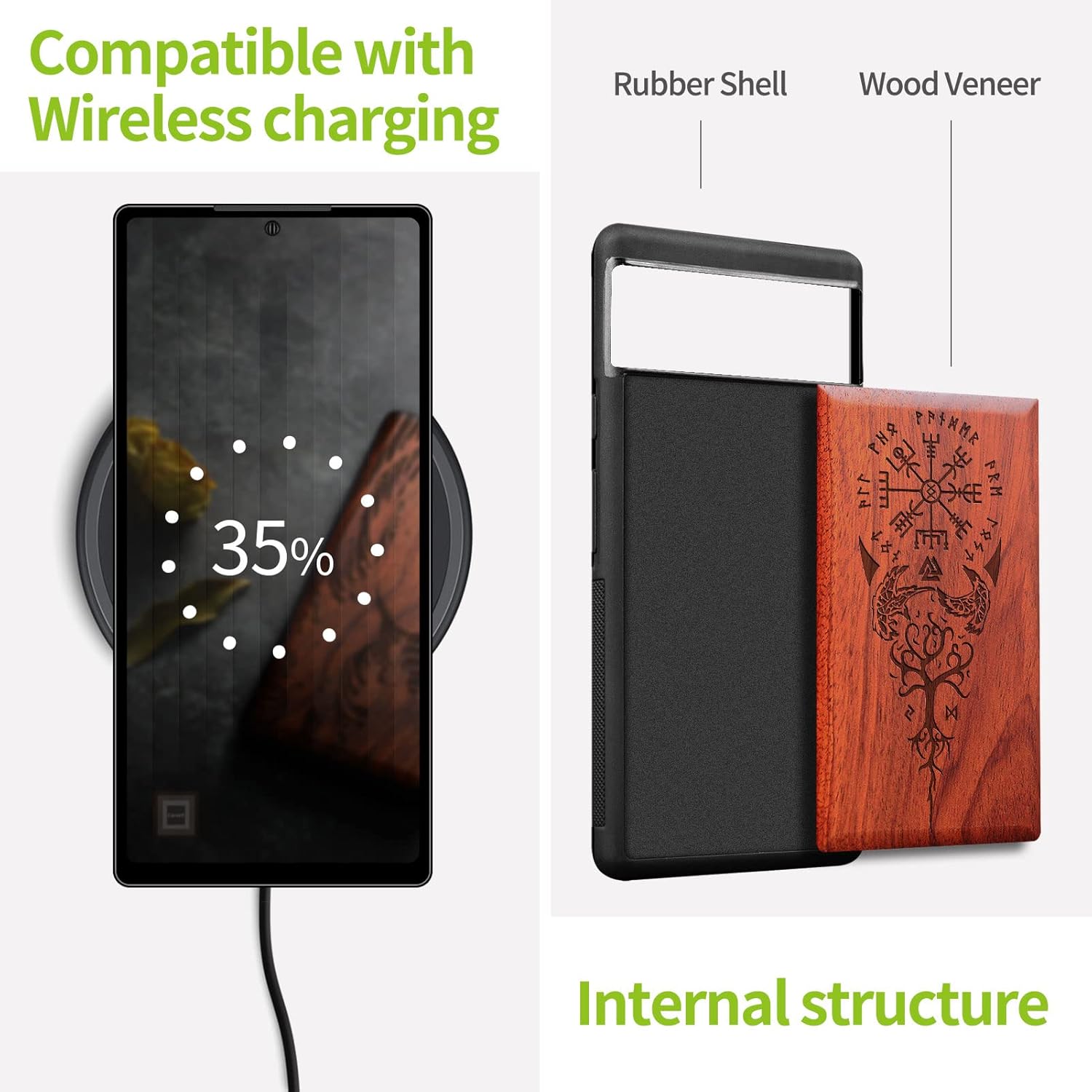 Carveit Funda de madera para Pixel 6a 2022 madera natural y TPU suave negro a prueba de golpes, funda de madera única y elegante compatible con
