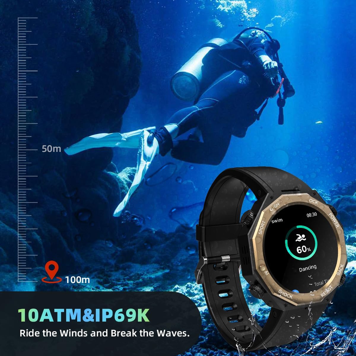 Alpha Gear – Reloj inteligente militar para hombre (respuestahacer llamada) 1.45 pulgadas AMOLED táctico al aire libre 100M impermeable rastreador