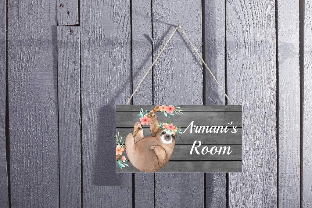 Letrero de puerta de perezoso floral personalizado para dormitorio, letrero con nombre personalizado, cuarto de bebé, decoración de habitación de