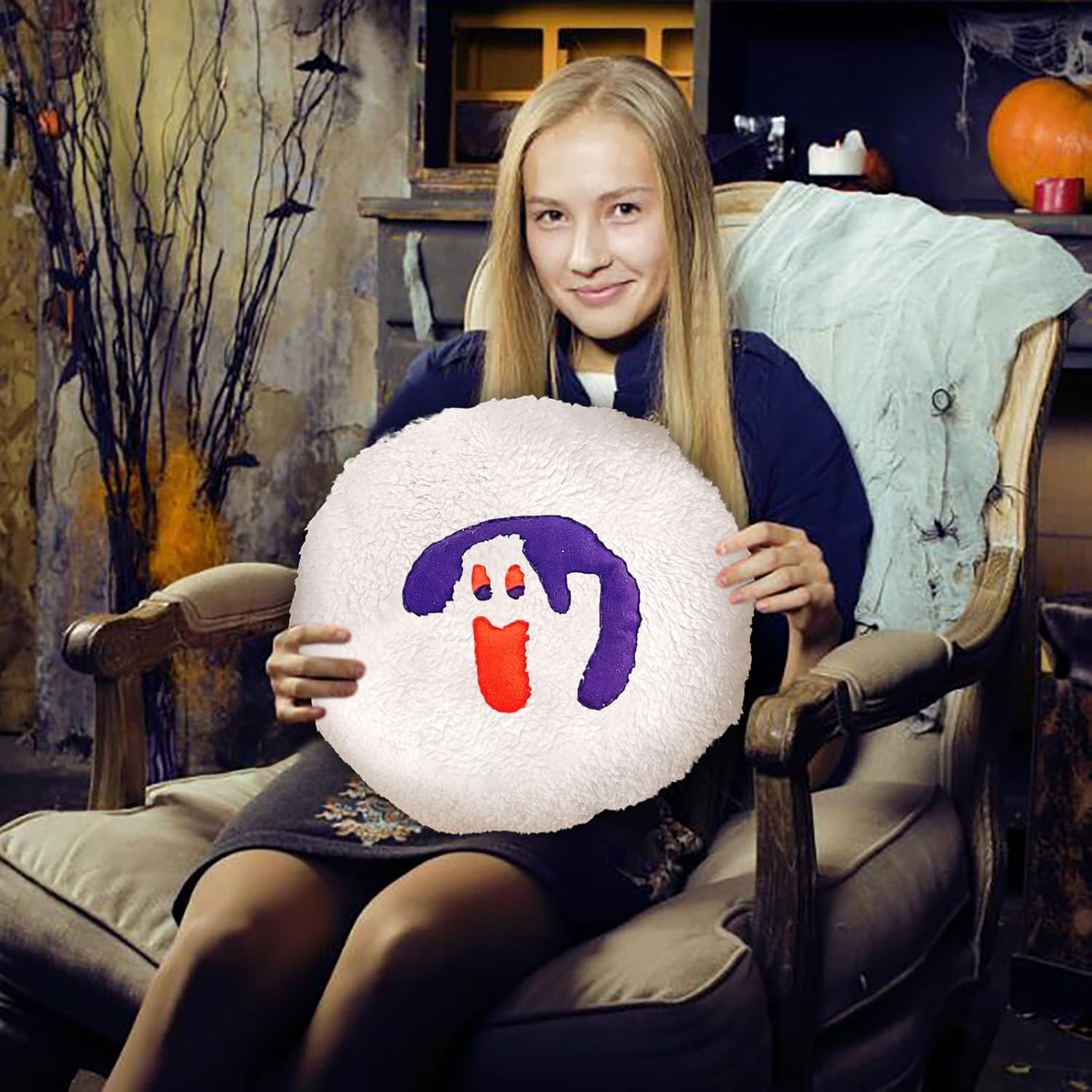 Almohada de galletas de Halloween, 1 unidad, almohada decorativa para sofá, cojín de peluche con forma de calabaza y gato, cojín de felpa peluda