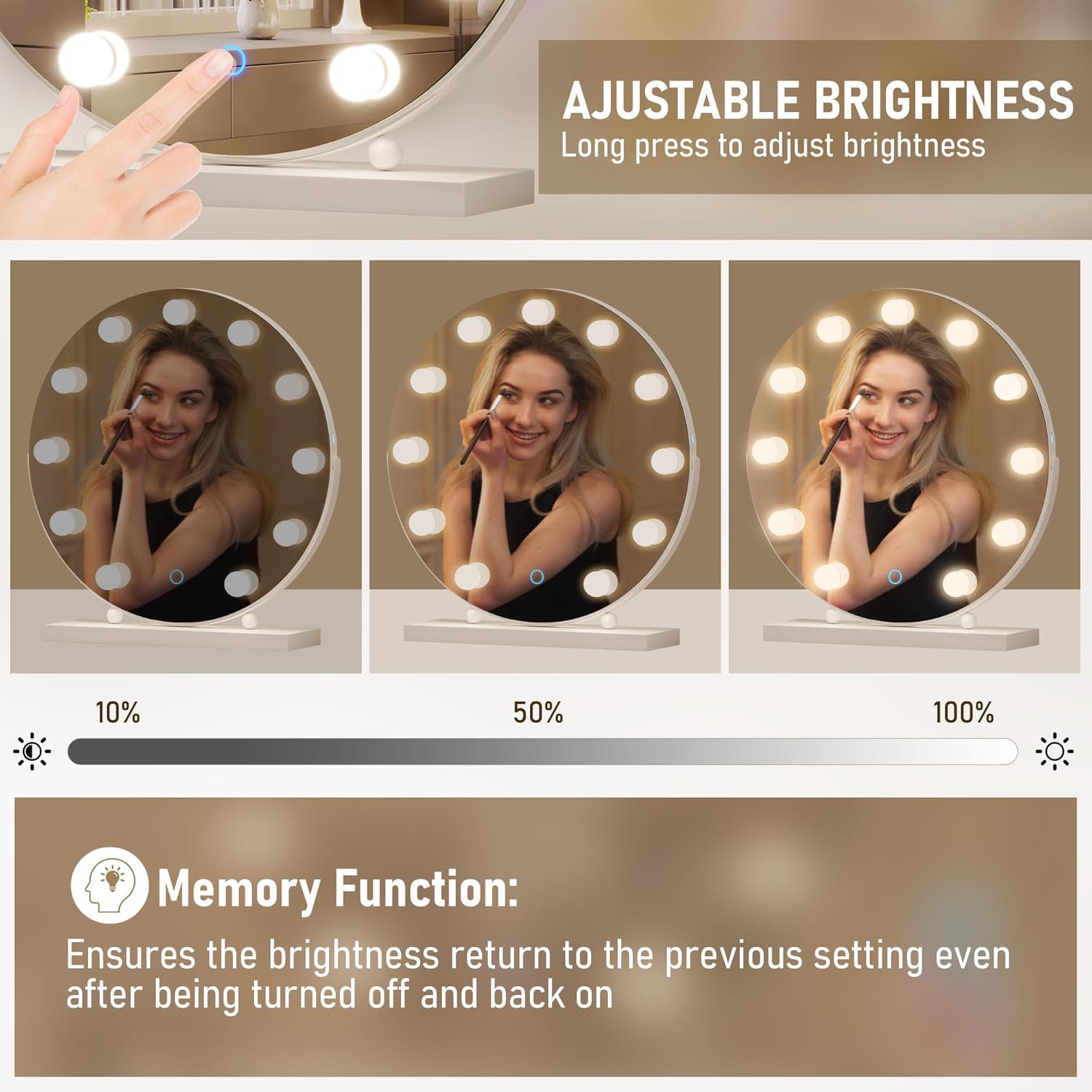 LVSOMT Hollywood Espejo de tocador de maquillaje con luces, espejo LED de 20 pulgadas con aumento de 10X, espejo de escritorio iluminado con 3 modos
