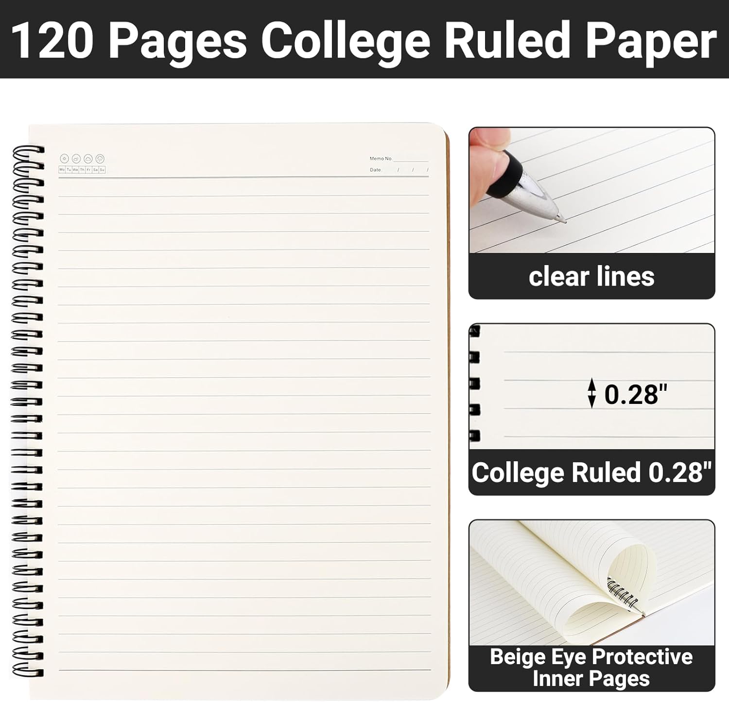 EUSOAR Cuaderno rayado de tapa dura, A4, 3 paquetes de 8.5 x 11 pulgadas, 120 páginas con rayas de papel kraft para escribir viajes, diario,