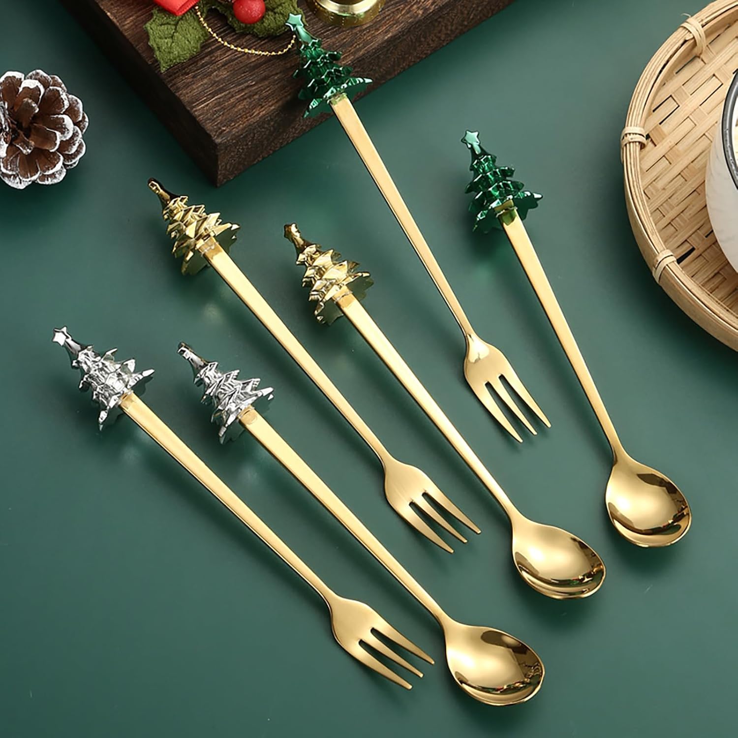 Juego de 6 cucharas de Navidad y tenedores con árbol de Navidad creativo, cucharas de acero inoxidable para café, postre, té, sopa, cucharas para