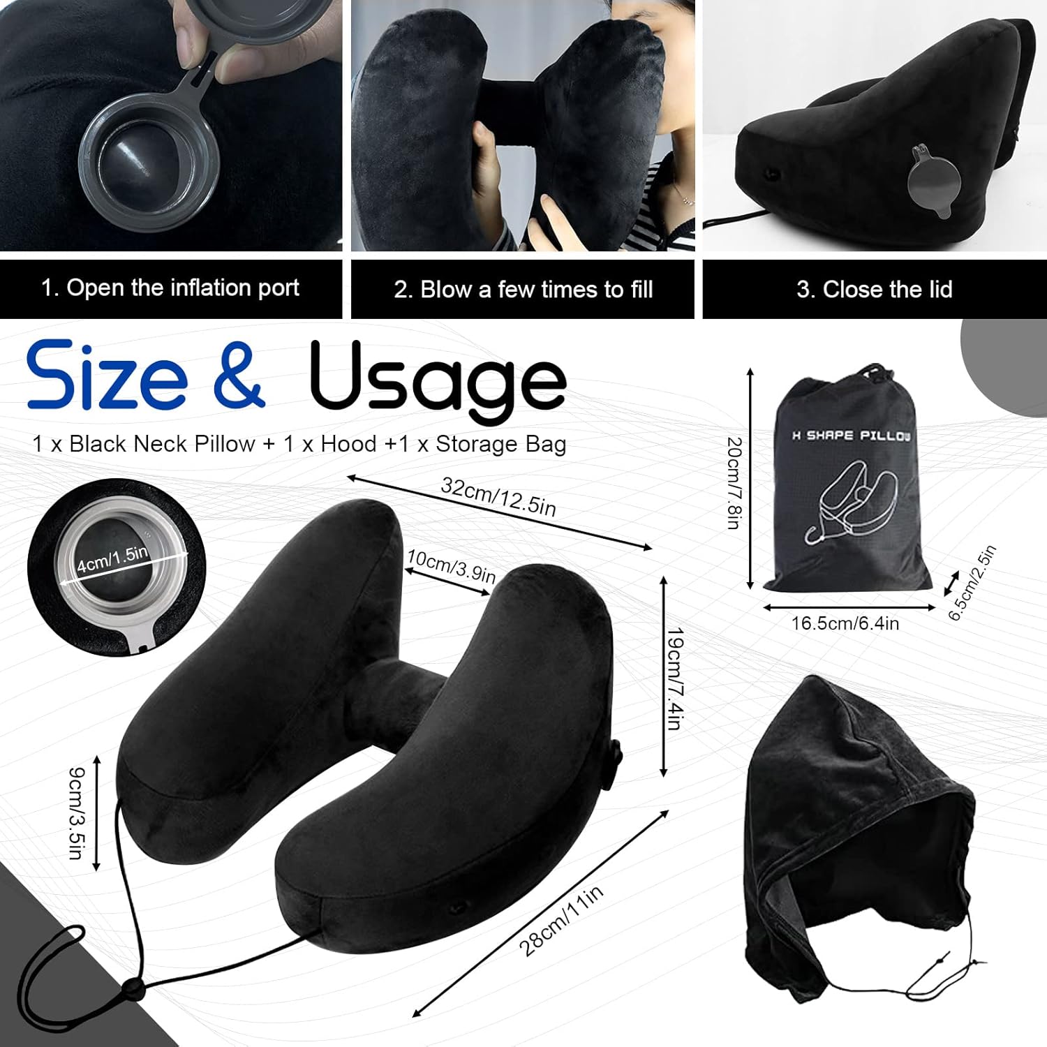 Almohada inflable de viaje con capucha y bolsa de almacenamiento, almohadas suaves para el cuello para viajar, almohada de apoyo para la cabeza del