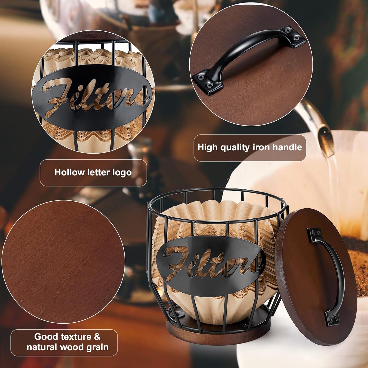 Yangbaga Soporte para filtro de café con tapa de madera, cesta de almacenamiento de filtro de café de madera y metal para filtros de café de 2 a 4
