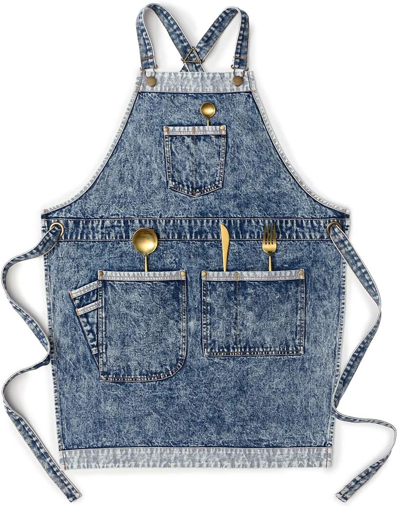 Jeanerlor – Delantales de trabajo de mezclilla con bolsillos para mujeres y hombres, correas cruzadas y ajustables de S a XXXL, Azul mezclilla