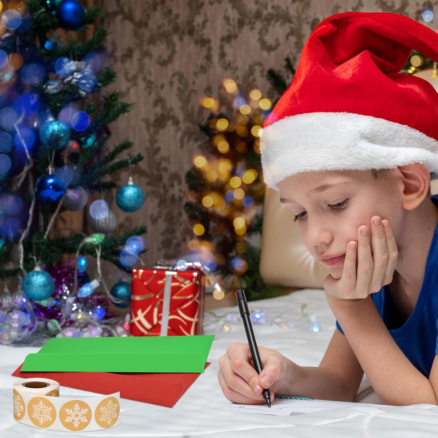 100 sobres con el número 10, sobres para tarjetas de regalo con 200 calcomanías de copos de nieve de papel de estraza de Navidad, calcomanías para