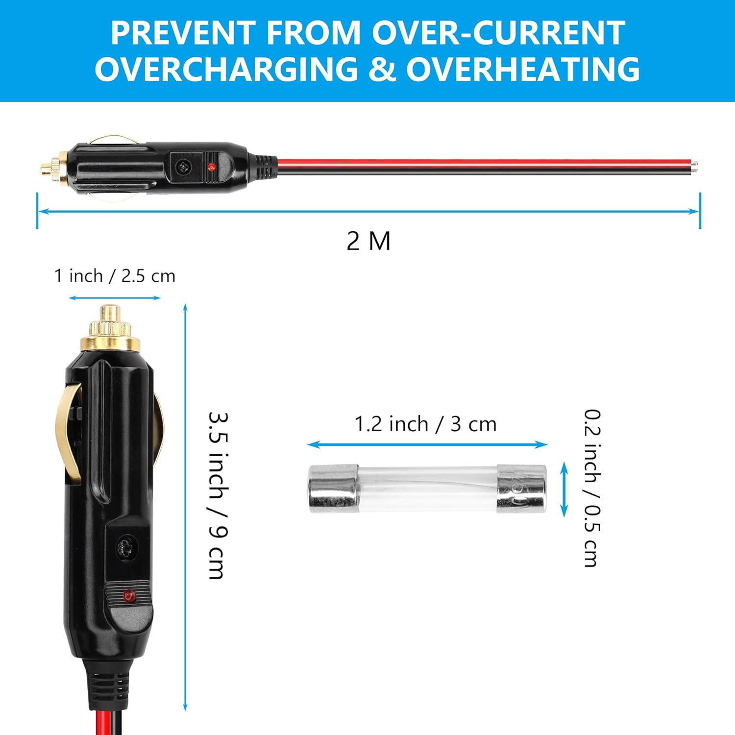 CERRXIAN Cable de enchufe macho para encendedor de cigarrillos, repuesto de 12 V, con fusible de 20 A, cable de cola estañado de 13 AWG, 6.6 ft6.5