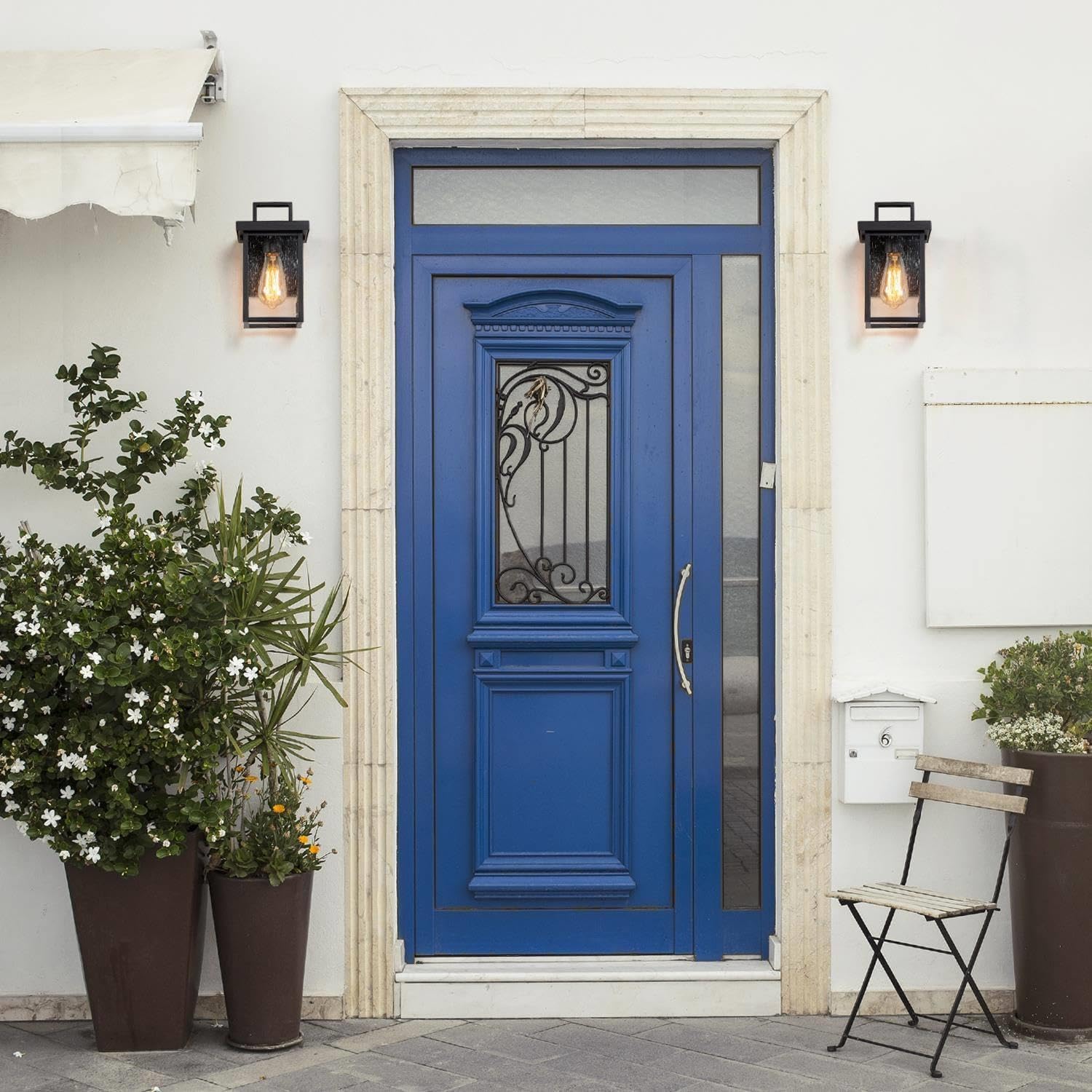 Durent Lighting Luces de pared negras para exteriores, apliques de pared exterior con vidrio semillado, faroles impermeables y antioxidantes para
