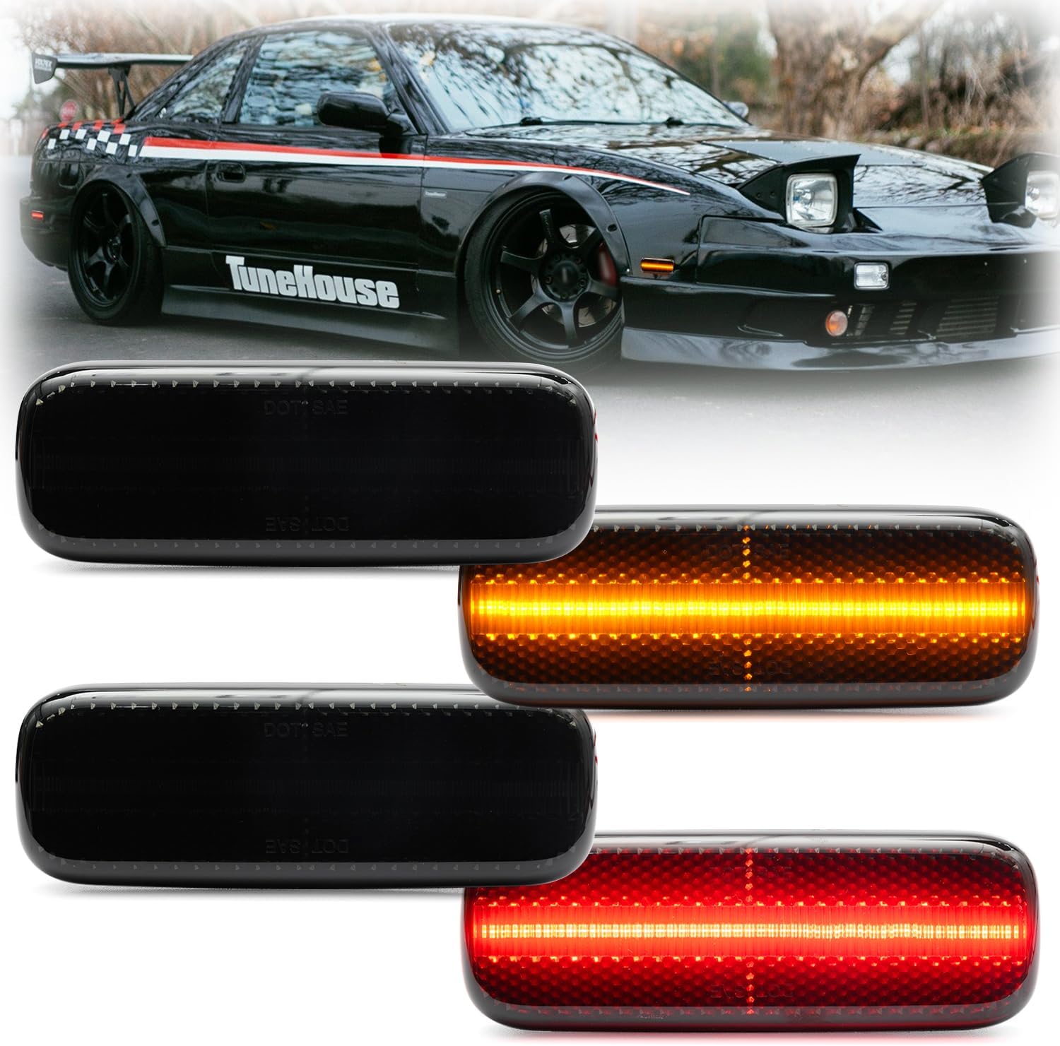 Luces LED de posición laterales de repuesto para Ni’ssan 240SX S13 1989-1994 ámbar delanteras y traseras rojas luces de señal laterales rojas lente