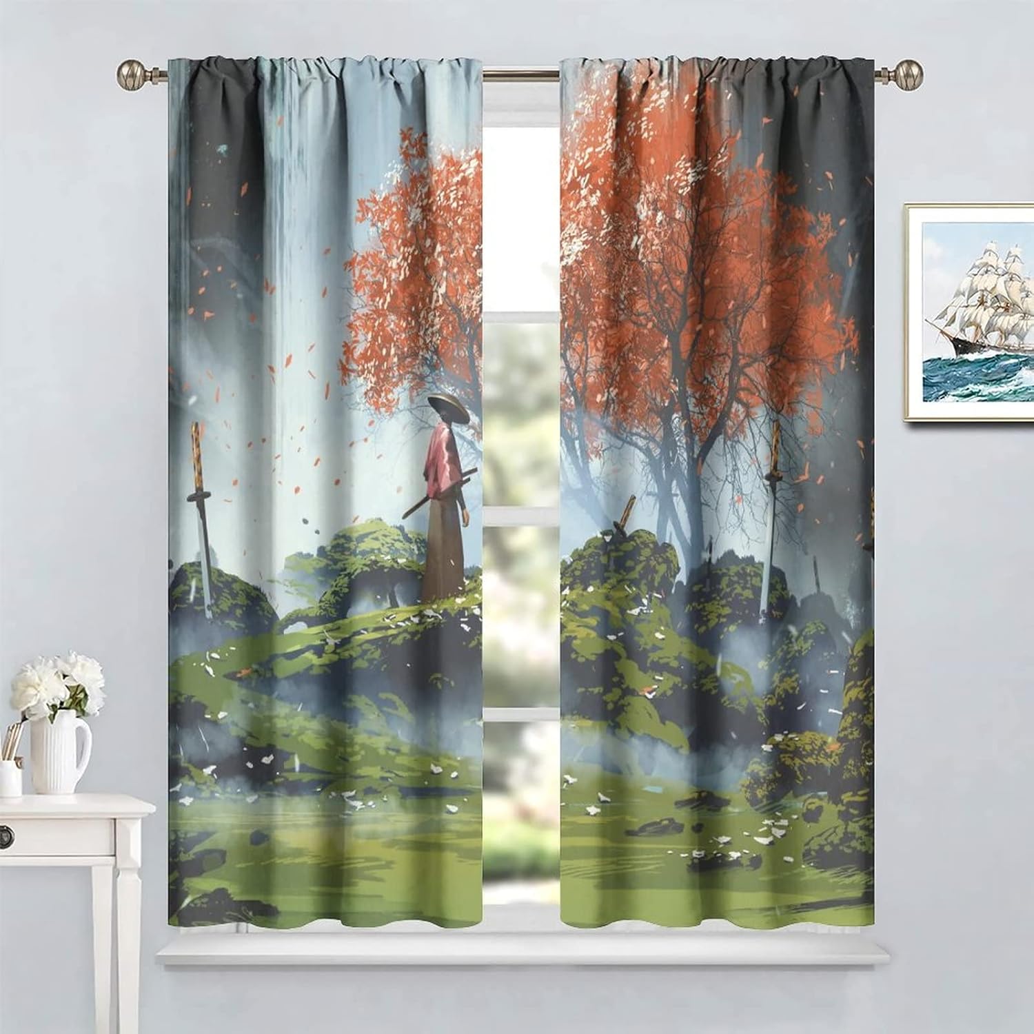 MYS QiQi Cortinas japonesas de anime con pintura de tinta, Samurái, decoración de habitación, cortinas de ventana rojas, negras y blancas, cortinas