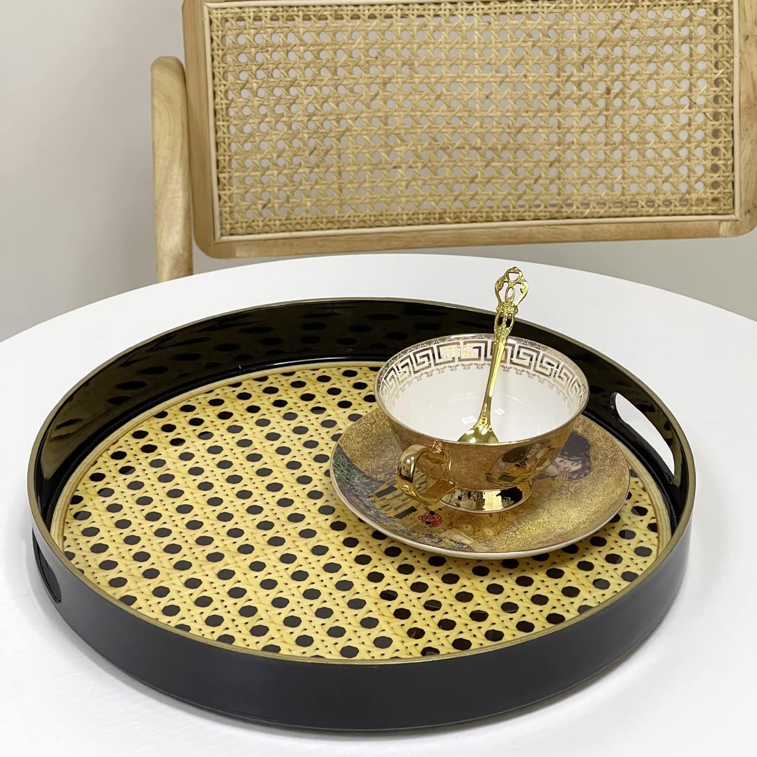 Zosenley Bandeja decorativa redonda, bandeja de plástico marmoleado con asas, moderna bandeja de tocador y bandeja para servir otomana, mesa