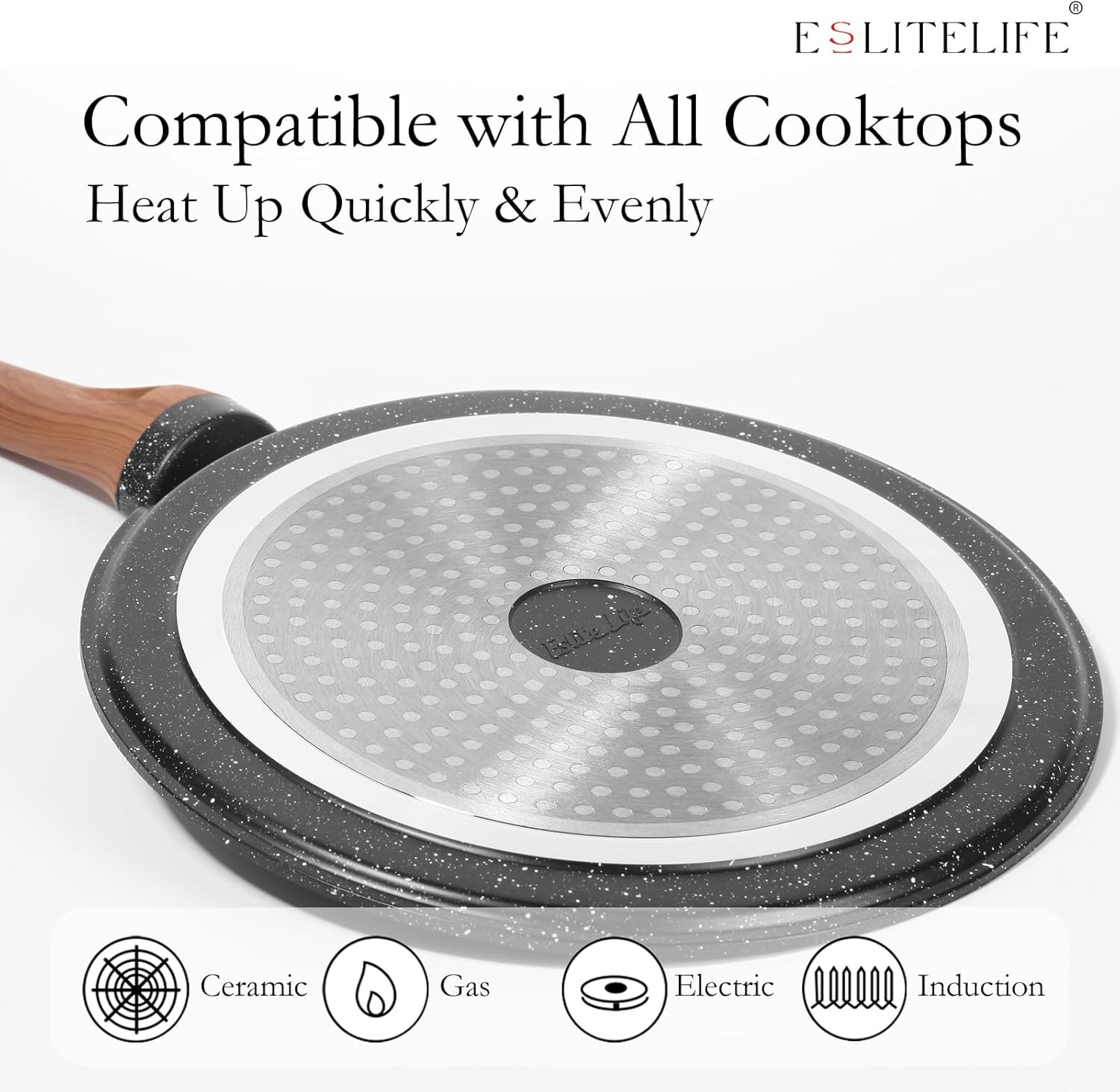 ESLITE LIFE Sartén antiadherente para crepas con esparcidor, sartén plana con revestimiento de cerámica de 9.5 pulgadas, sartén para tortilla Tawa