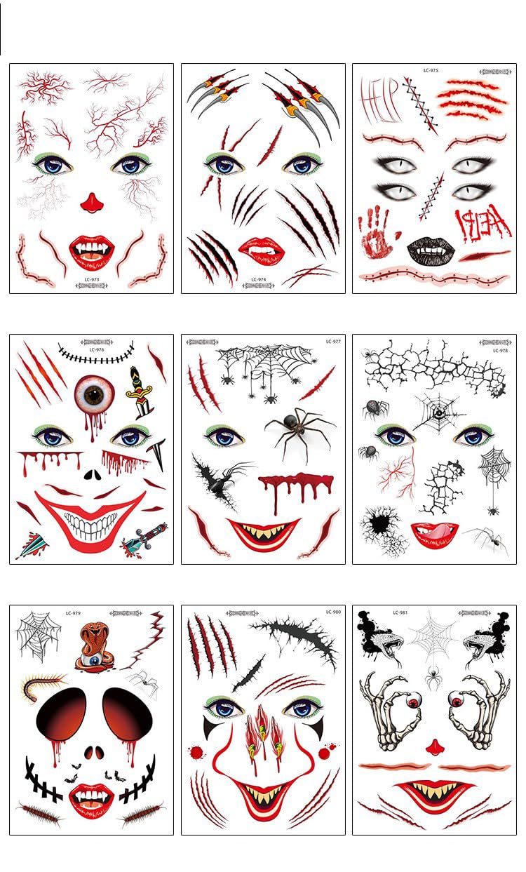 9 hojas de tatuajes temporales de Halloween, cicatrices de heridas de terror, impermeables, tatuajes adhesivos para fiestas de máscaras,