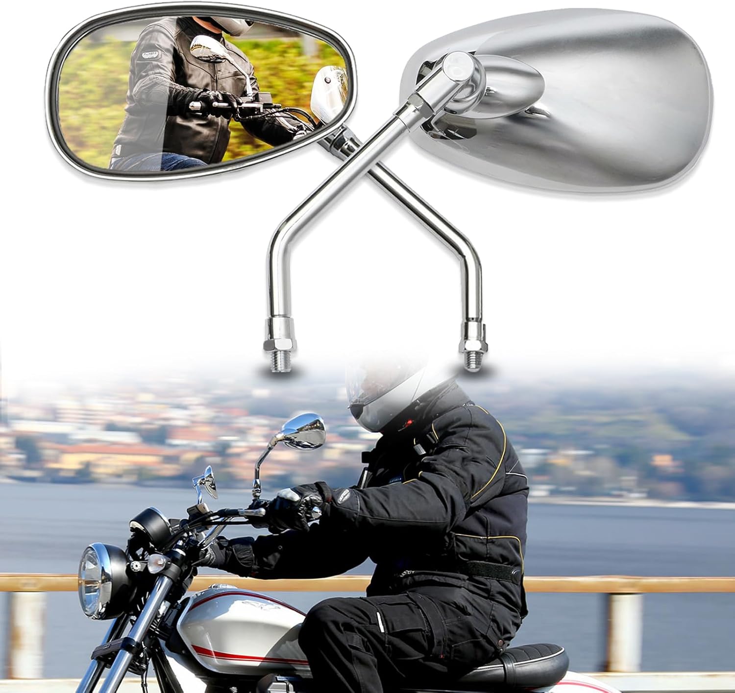 DREAMIZER Espejo de motocicleta cromado de 0.394 pulgadas (0.394 in), espejos laterales universales compatibles con Street Bike Scooter Cruiser
