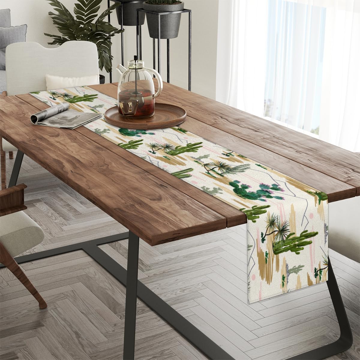 Camino de mesa con cactus de acuarela, mantel de lino rústico para cocina de granja, cena, eventos, fiesta, decoración de mesa de vacaciones, 13 x