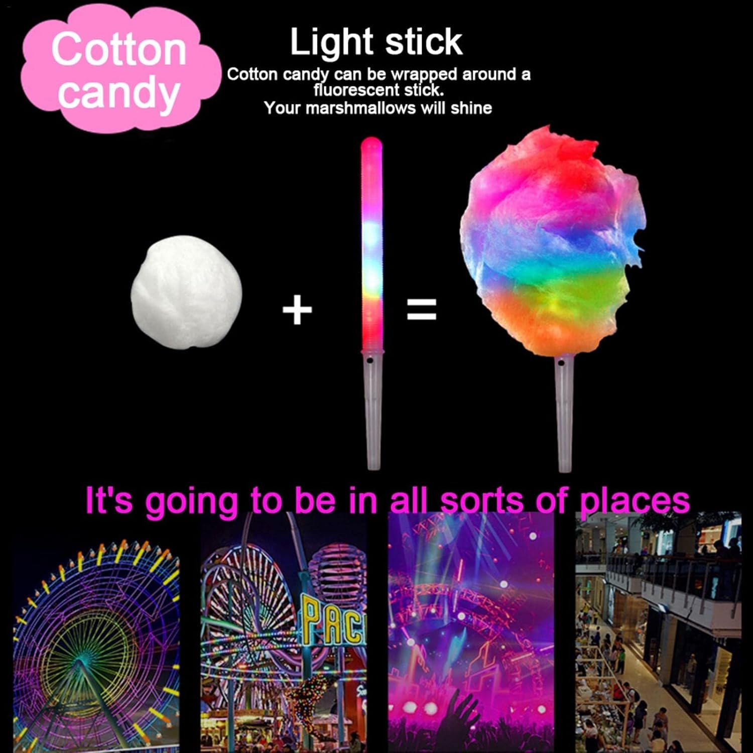 100 conos de algodón de azúcar, palitos de algodón iluminados, 8 patrones de colores LED intermitentes para fabricante de algodón de azúcar, palos