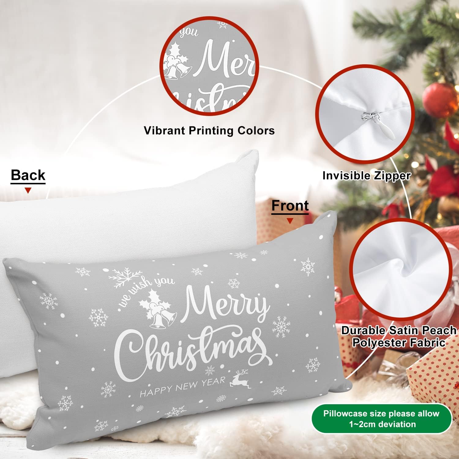 Lanpn Juego de 4 fundas de almohada lumbares de Navidad blancas y grises de 14 x 24 pulgadas, fundas decorativas de cojín de Navidad largas con