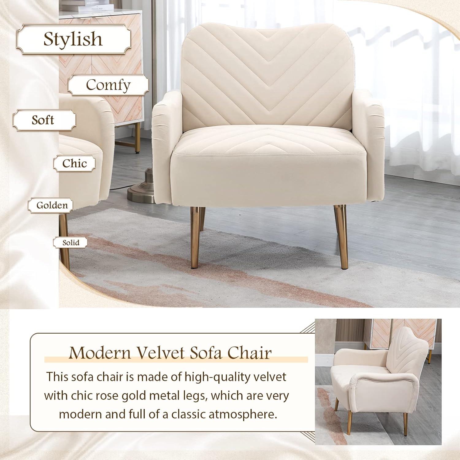 Antetek Silla decorativa moderna de terciopelo, sillón tapizado para sofá individual con patas de metal dorado rosa, sillón lateral copetudo para
