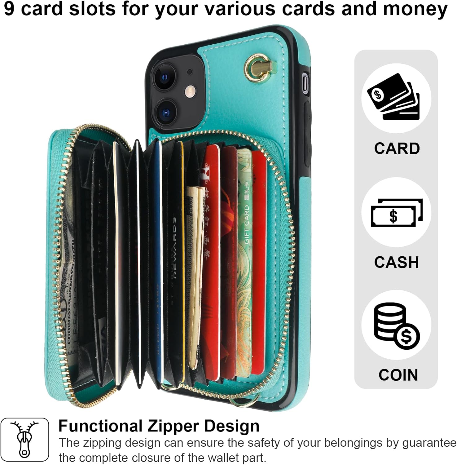 Bocasal Funda tipo cartera cruzada para iPhone 11, funda de piel con bloqueo RFID y soporte para tarjetas, funda protectora con cremallera y correa