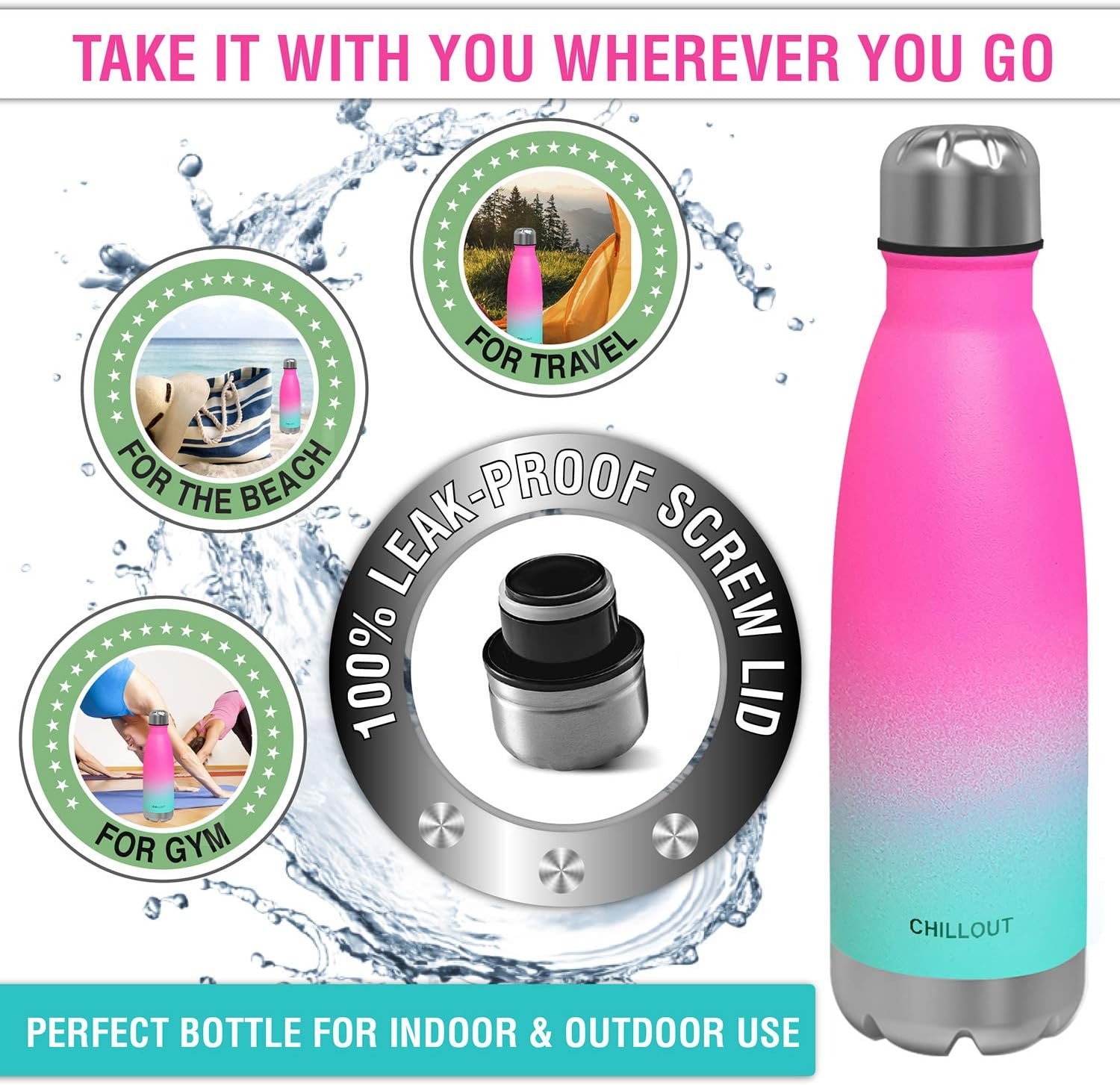 CHILLOUT LIFE – Botella de agua infantil. de acero inoxidable para la escuela, con aislamiento de doble pared, en forma de botella de refresco,