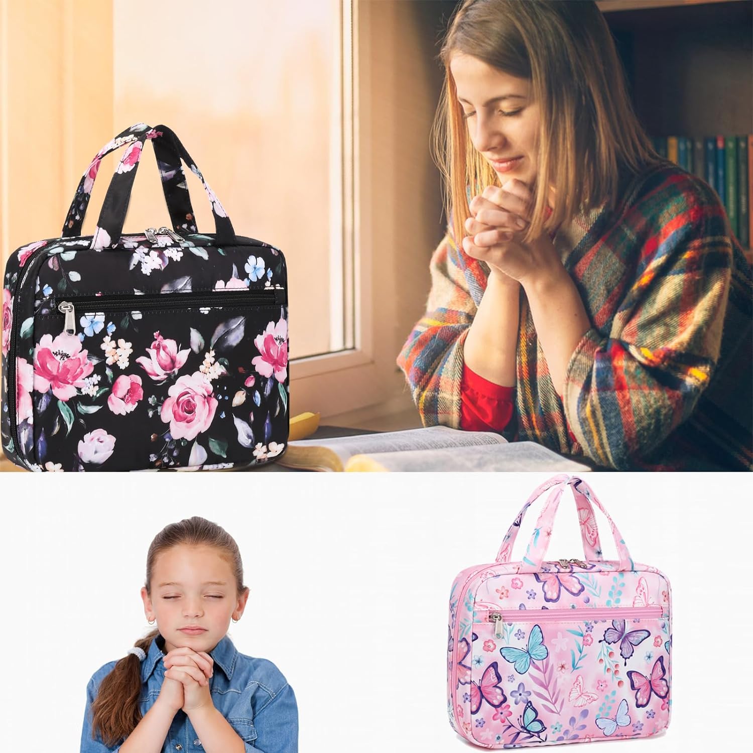 Octsky Fundas para la Biblia para niñas, funda de transporte para niños, bolsa de iglesia con asa, bolsillo con cremallera (lago de mariposas)